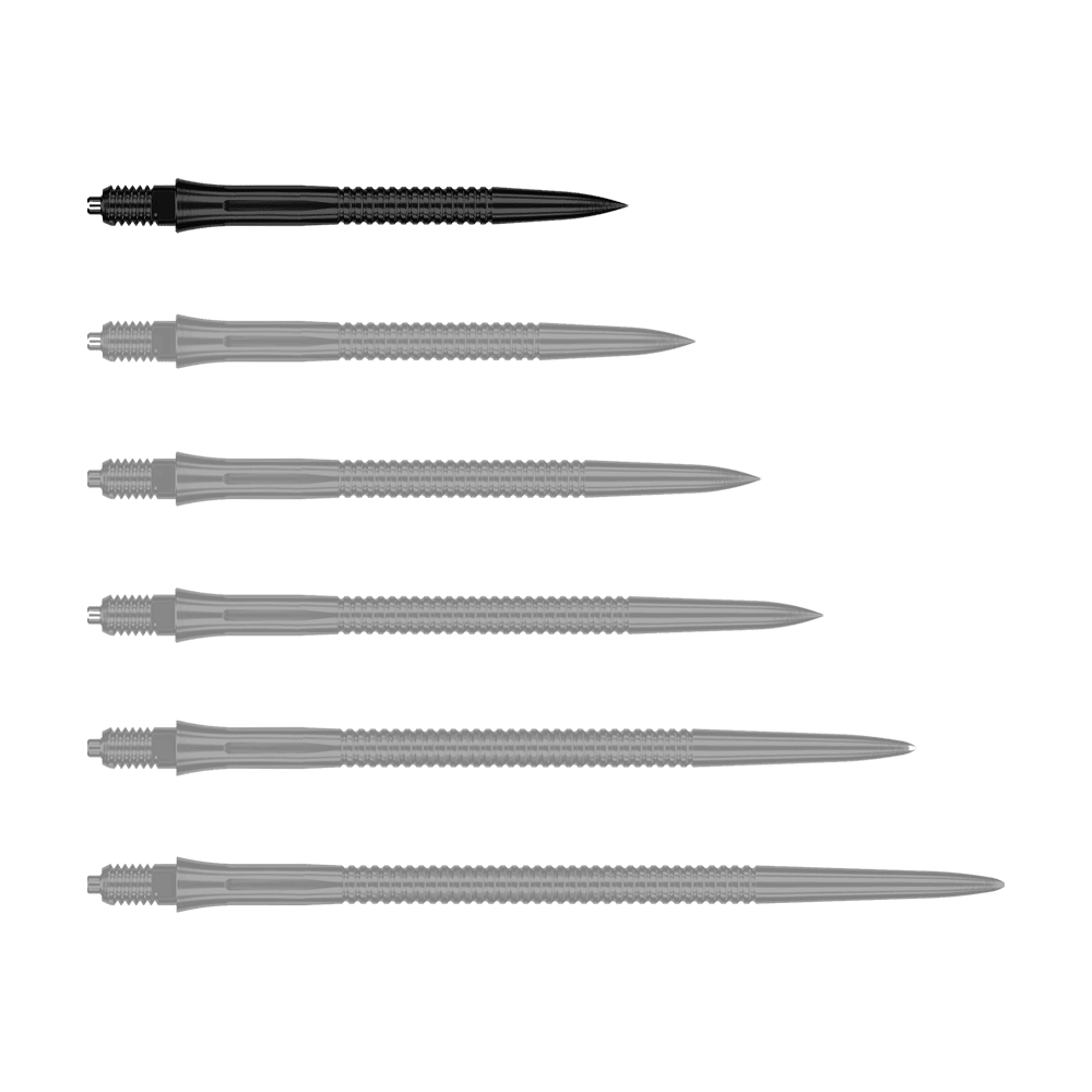 Caliburn EZ-EVO Dart Tips - Grooved - Black Hier sieht man eine weitere EVO201 Caliburn EZ-EVO Dartspitze mit Rillen in Schwarz und einer Länge von 28 mm. Die Spitze ist speziell für Dartspieler geeignet.
