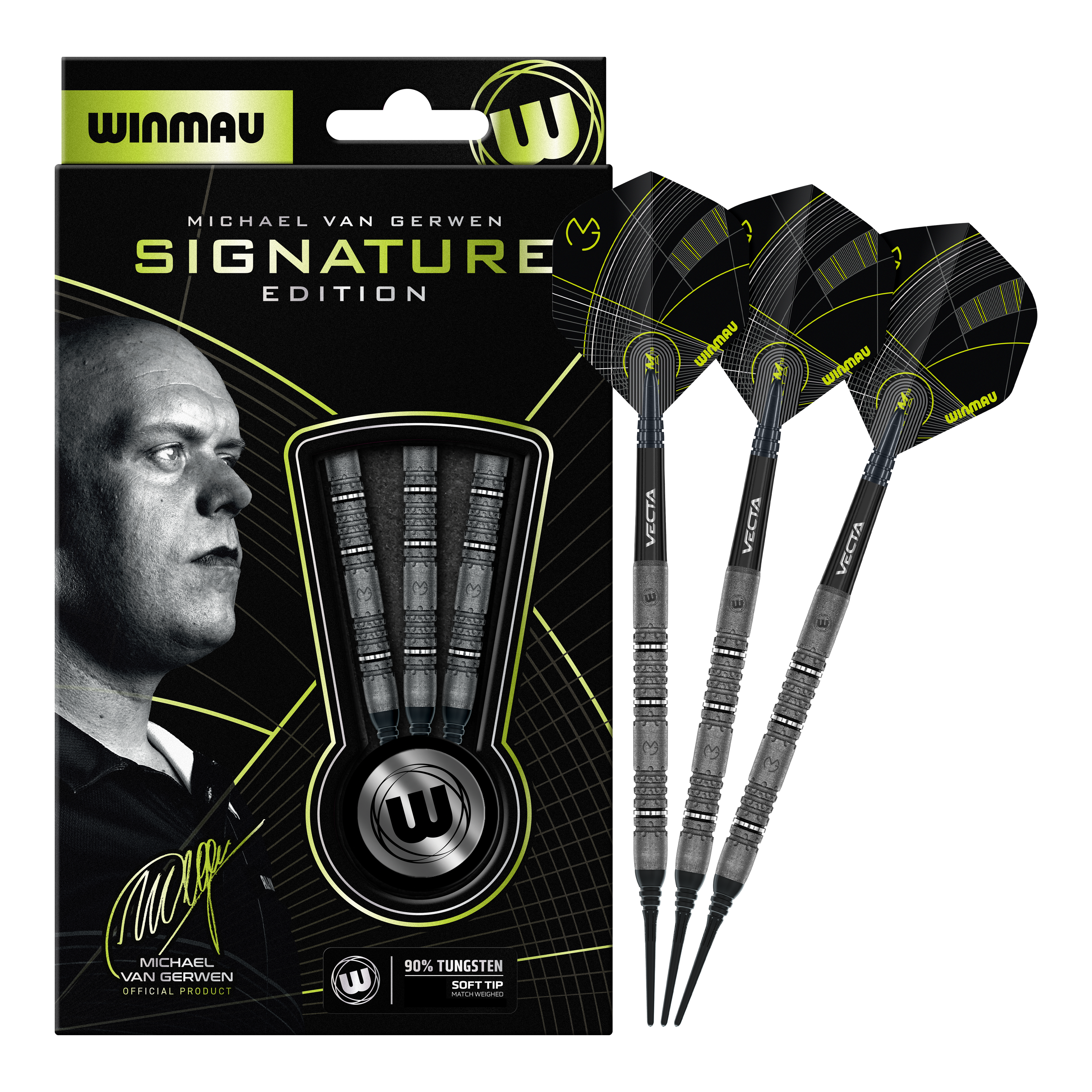 Hier sieht man die Winmau Michael Van Gerwen Signature Edition Softdarts mit 20g. Die vollständige Ansicht der Darts ist dargestellt.