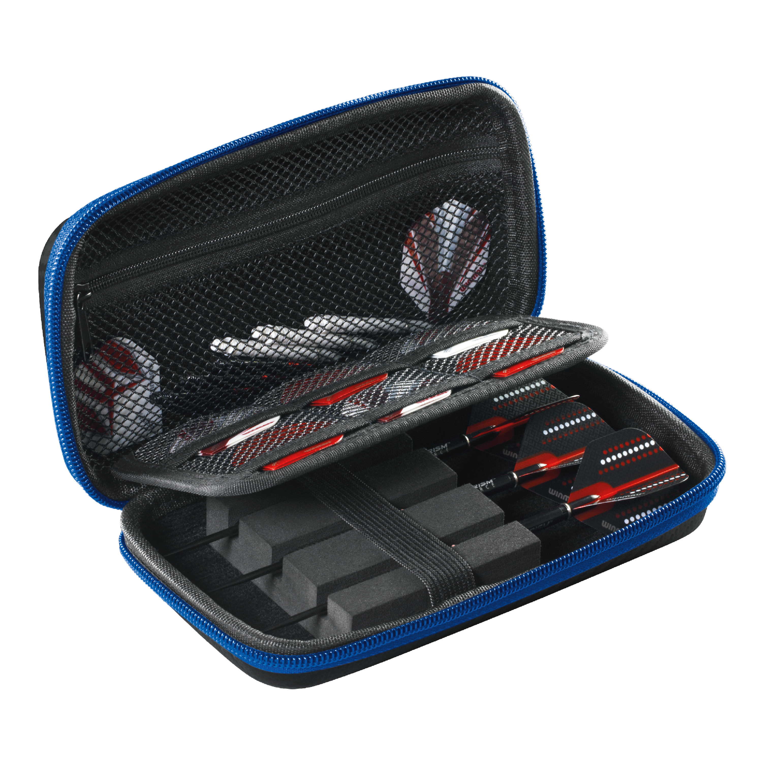 Winmau PDC Dartcase Dies ist ein Winmau PDC Dartcase mit einem blauen Reißverschluss. Im Inneren befinden sich Fächer und elastische Bänder für die sichere Aufbewahrung von Darts und Zubehör.