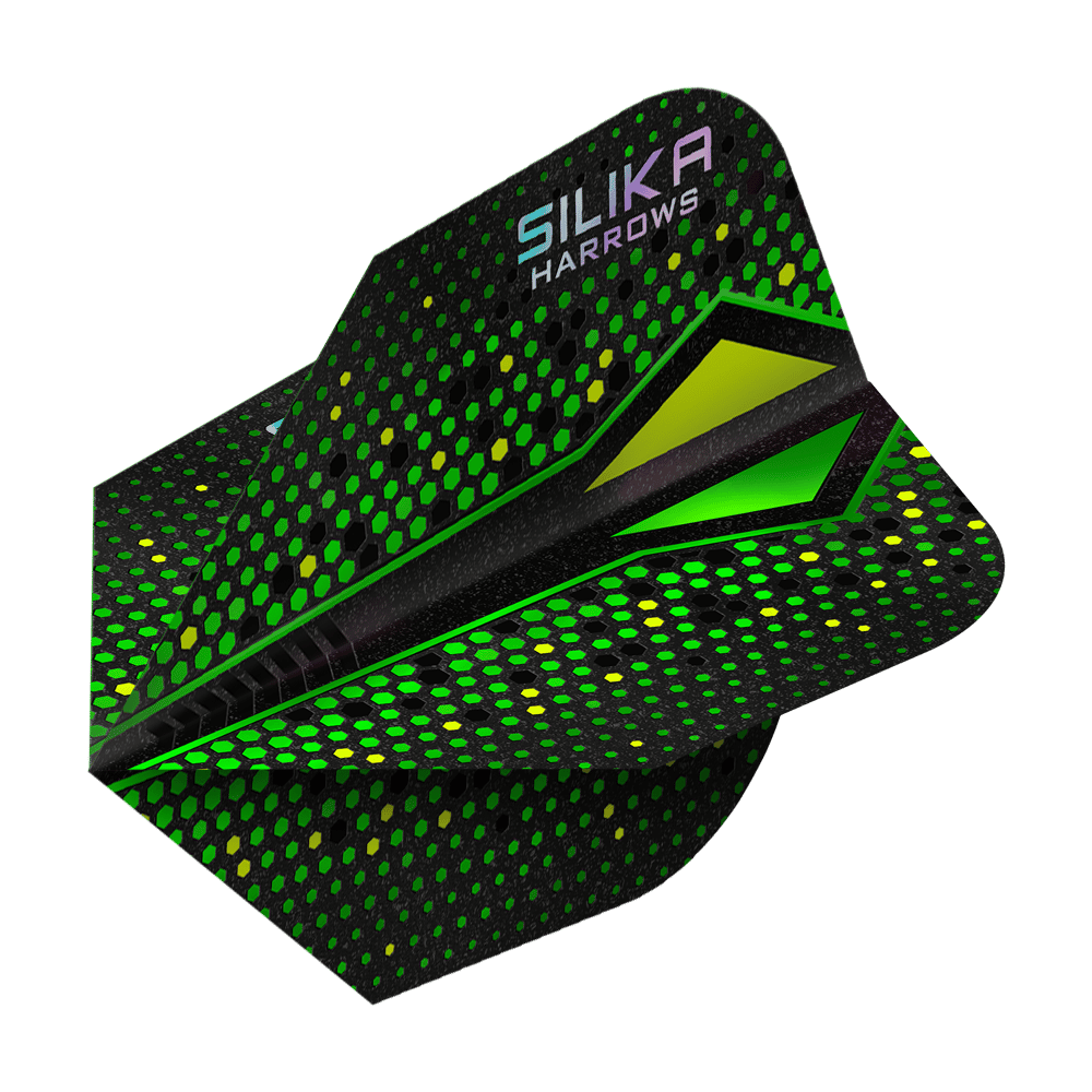 Harrows Silika Colorshift Tough Crystalline Coating Green-X No6 Flights Das Bild zeigt einen grünen Dartflight mit auffälligem Punktmuster und dem Aufdruck „SILIKA HARROWS“. Die Oberfläche hat eine schimmernde, kristallähnliche Beschichtung.