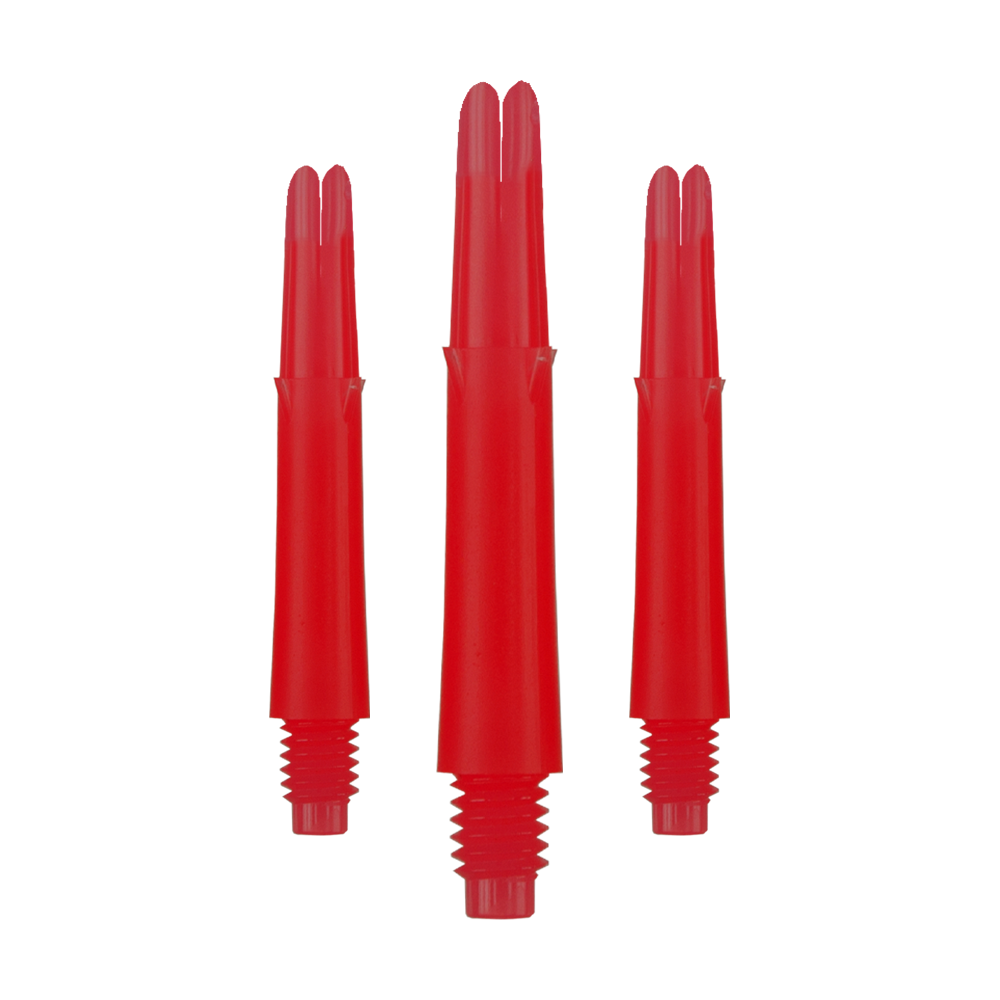 Auf dem Bild sind drei rote, gerade Dartschäfte zu sehen. Sie haben ein Schraubgewinde am unteren Ende und sind jeweils 32 mm lang.