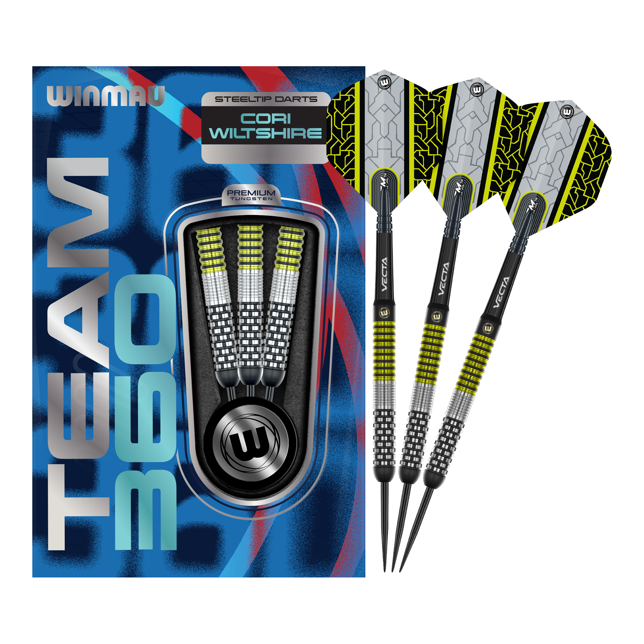 Winmau Team 360 Cori Wiltshire Steel Darts - 24g Das Bild zeigt die Winmau Team 360 Cori Wiltshire Steeldarts mit 24 Gramm. Diese hochwertigen Steeldarts sind für professionelle Dartspieler geeignet.