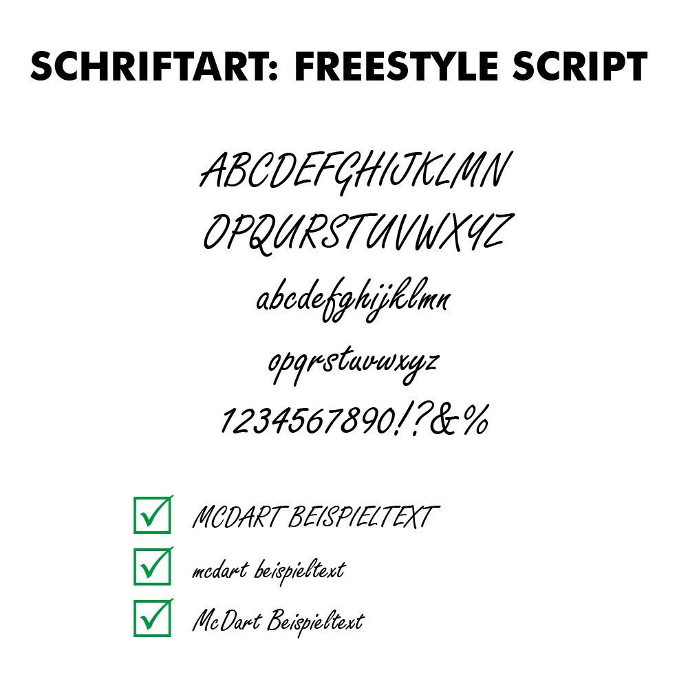 Flightdruck-Schriftart-Freestyle-Scriptjs85TAI9E00rd 10 Satz Bedruckte Flights 2-Seitig - Wunschtext - MDX Standard. Die Flights liegen sortiert aufeinander.