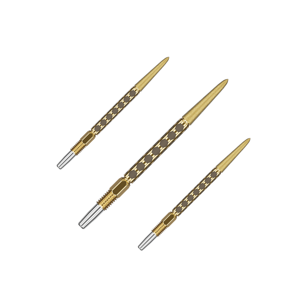 Target Swiss FLT Point Dart Tips - Gold Mehrere kurze goldene Dartspitzen sind als Set nebeneinander angeordnet. Die Spitzen verlaufen parallel.