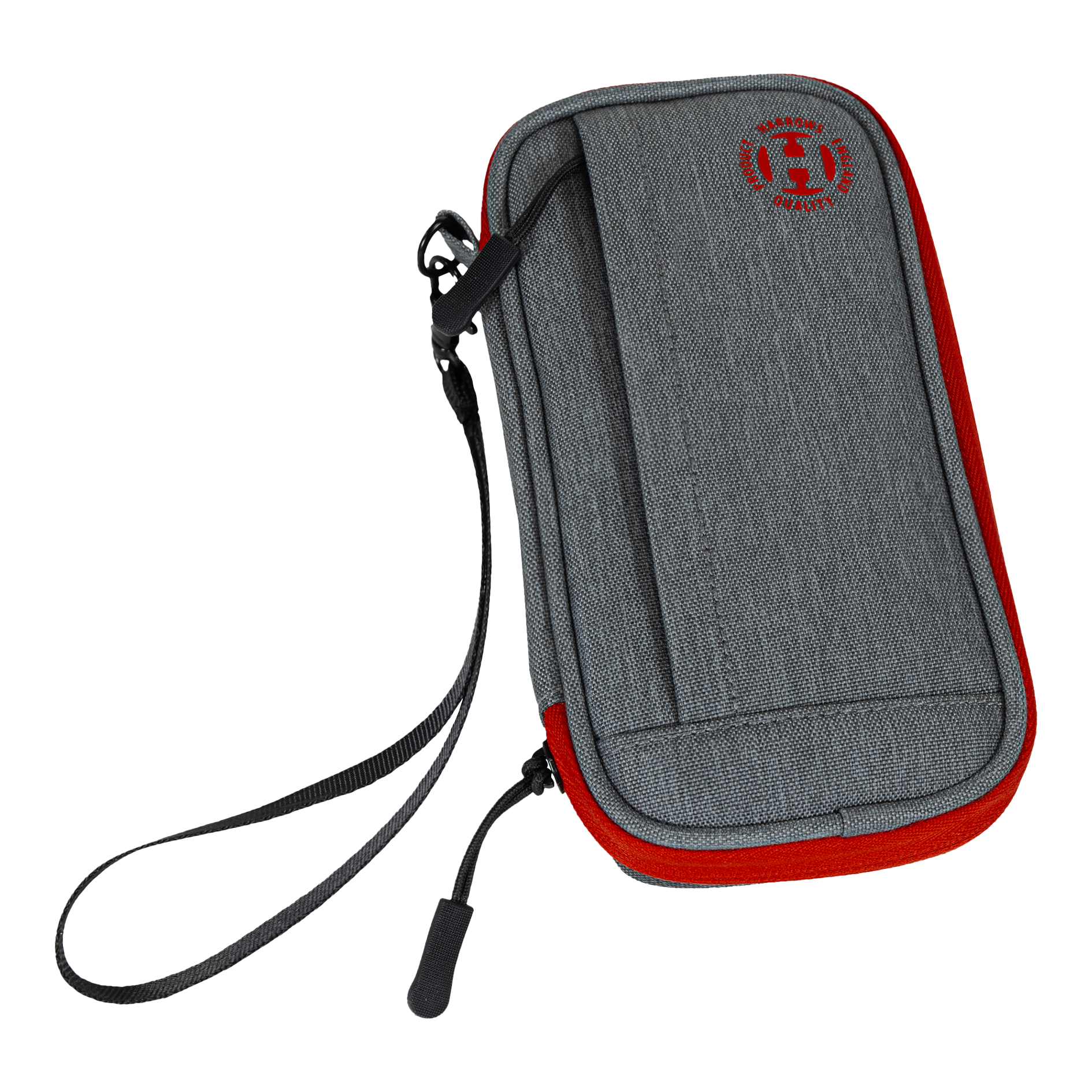Harrows Smart Case Dartwallet Das Bild zeigt ein graues Dart-Etui mit roten Akzenten und einer schwarzen Handschlaufe. Auf der Vorderseite befindet sich ein rundes Logo in Rot.