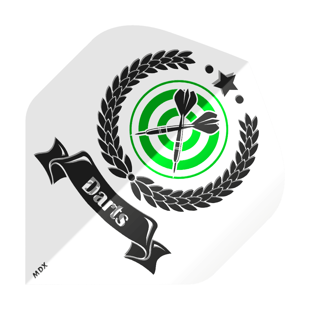 MD-650_2-Seitig_Bedruckte_Clear_Flights_Logo_oder_Bilddruck_2 Das Bild zeigt einen bedruckten Flightsatz für Darts mit einem Lorbeerkranz, einer Zielscheibe und zwei Dartpfeilen in der Mitte. Unten steht das Wort "Darts" auf einem schwarzen Banner, und oben ist ein schwarzer Stern abgebildet.