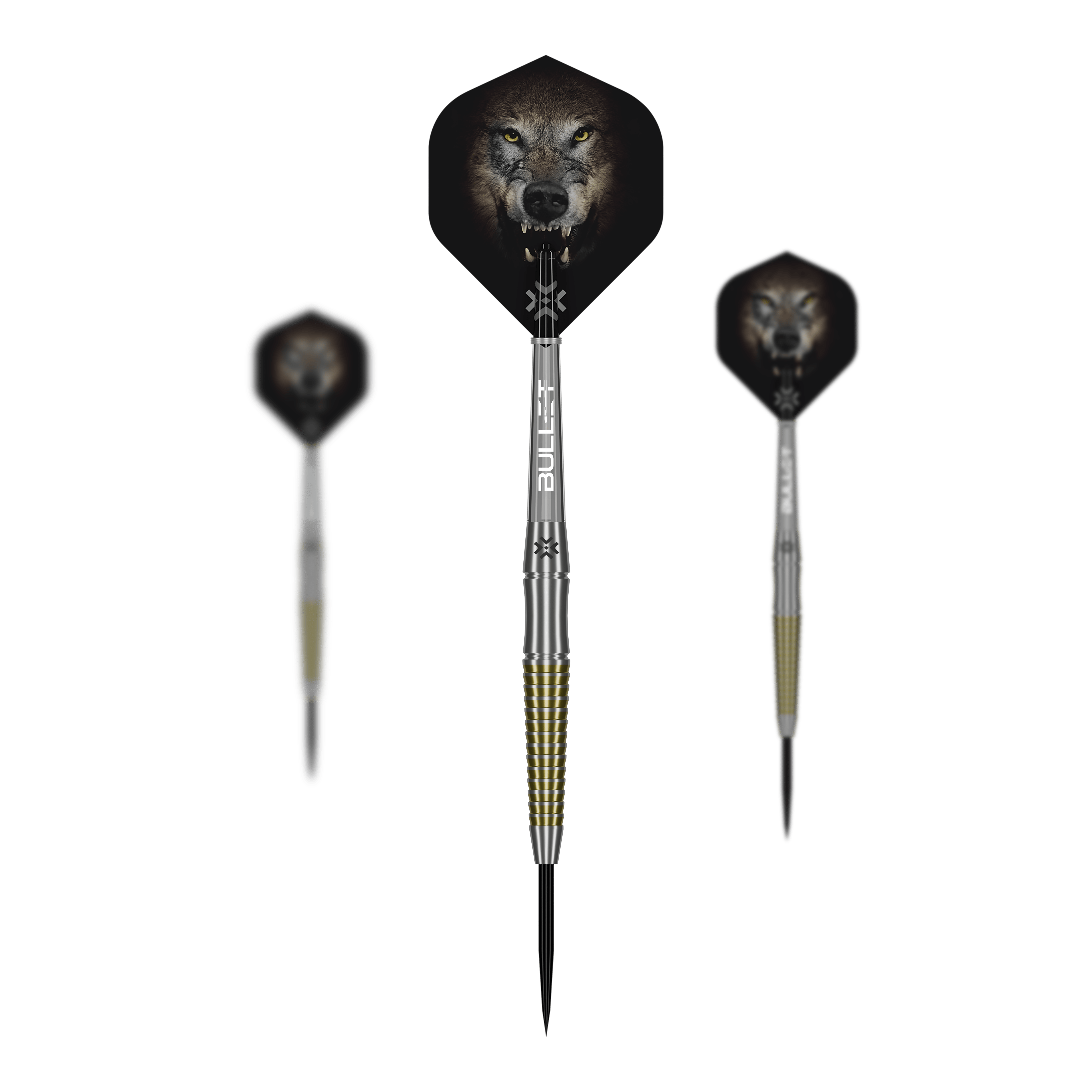 Das Bild präsentiert ein Set der Bullet Fang Steeldarts. Mehrere Darts sind als Set zusammen abgebildet.