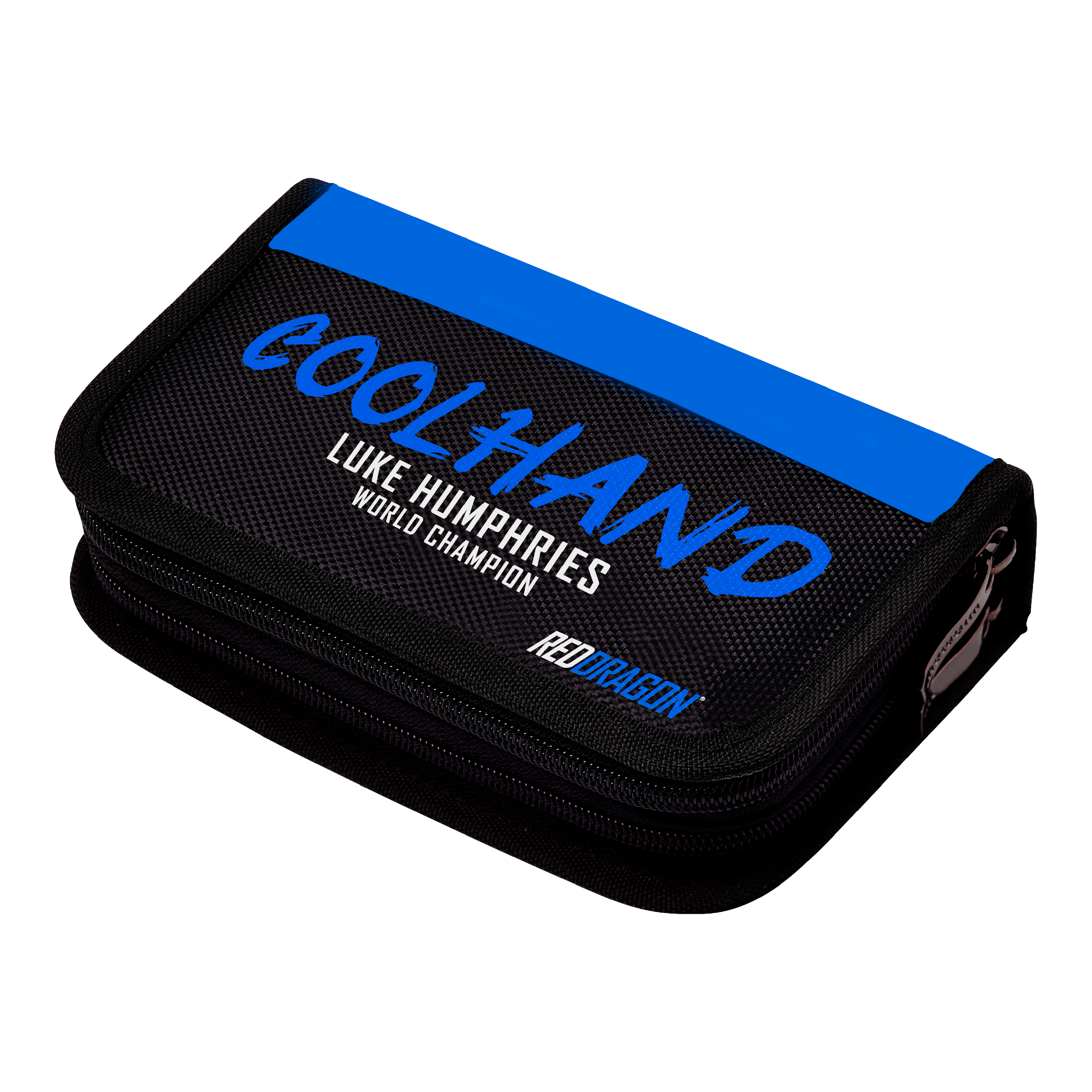 Red Dragon Luke Humphries World Champion Firestone 2 dart wallet Das Bild zeigt das "Red Dragon Luke Humphries World Champion Firestone 2 Dartwallet". Das Dartwallet ist schwarz mit einem blauen Streifen und der Aufschrift "COOL HAND" sowie dem Namen "Luke Humphries World Champion".