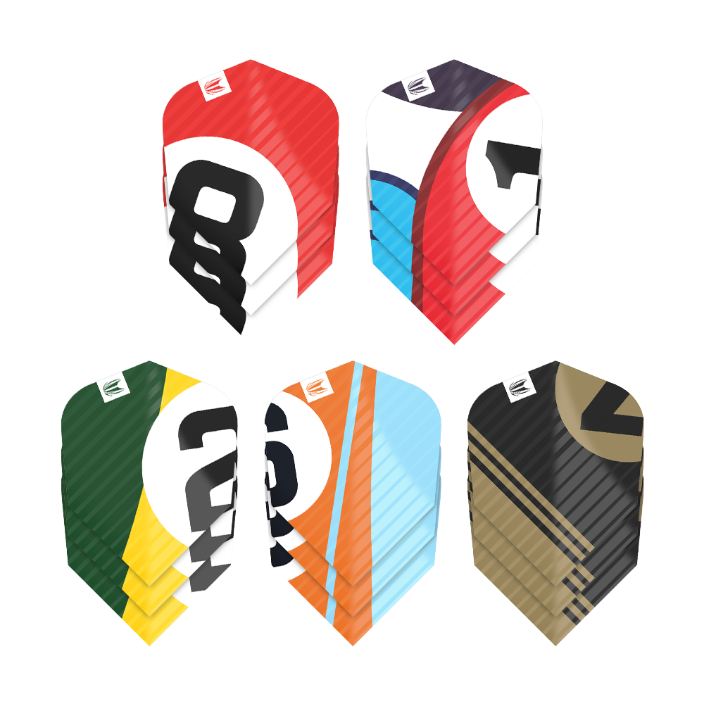 337206_Target_ProUltra_5Sets_Multipack_Chicane_Ten-X_Flights_1 Das Bild zeigt fünf verschiedenfarbige Dart-Flights aus dem "Target Pro Ultra Chicane Multipack Ten-X Flights - 5 Sets". Jeder Flight hat ein einzigartiges Design mit auffälligen Farben und Zahlen.