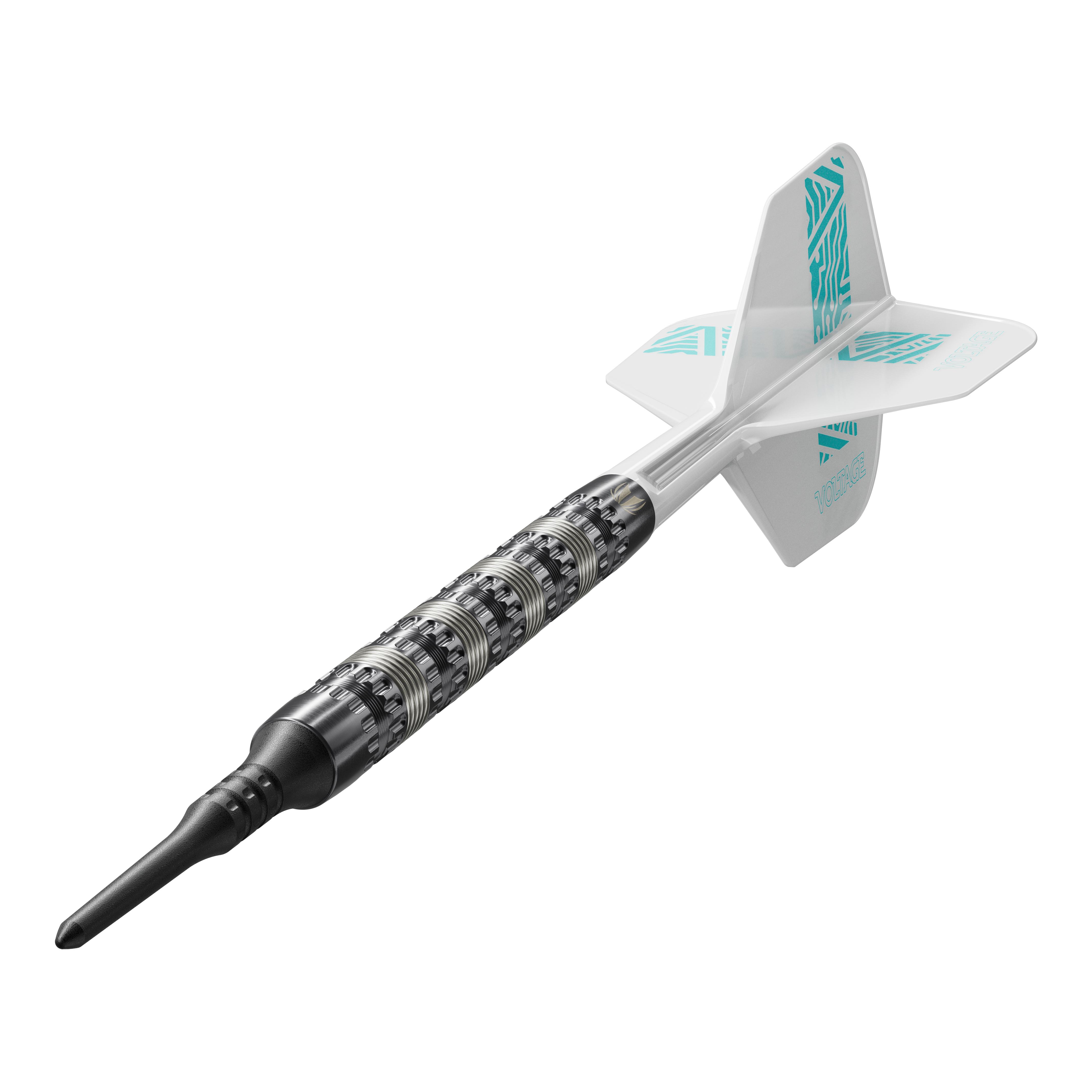 Target Rob Cross 95K Swiss Point Soft Darts - 18g Auf dem Bild ist ein Target Rob Cross 95K Swiss Point Softdart mit 18g zu sehen. Der Dart hat einen strukturierten silbernen Barrel, eine schwarze Spitze und weiße Flights mit türkisfarbenen Akzenten.