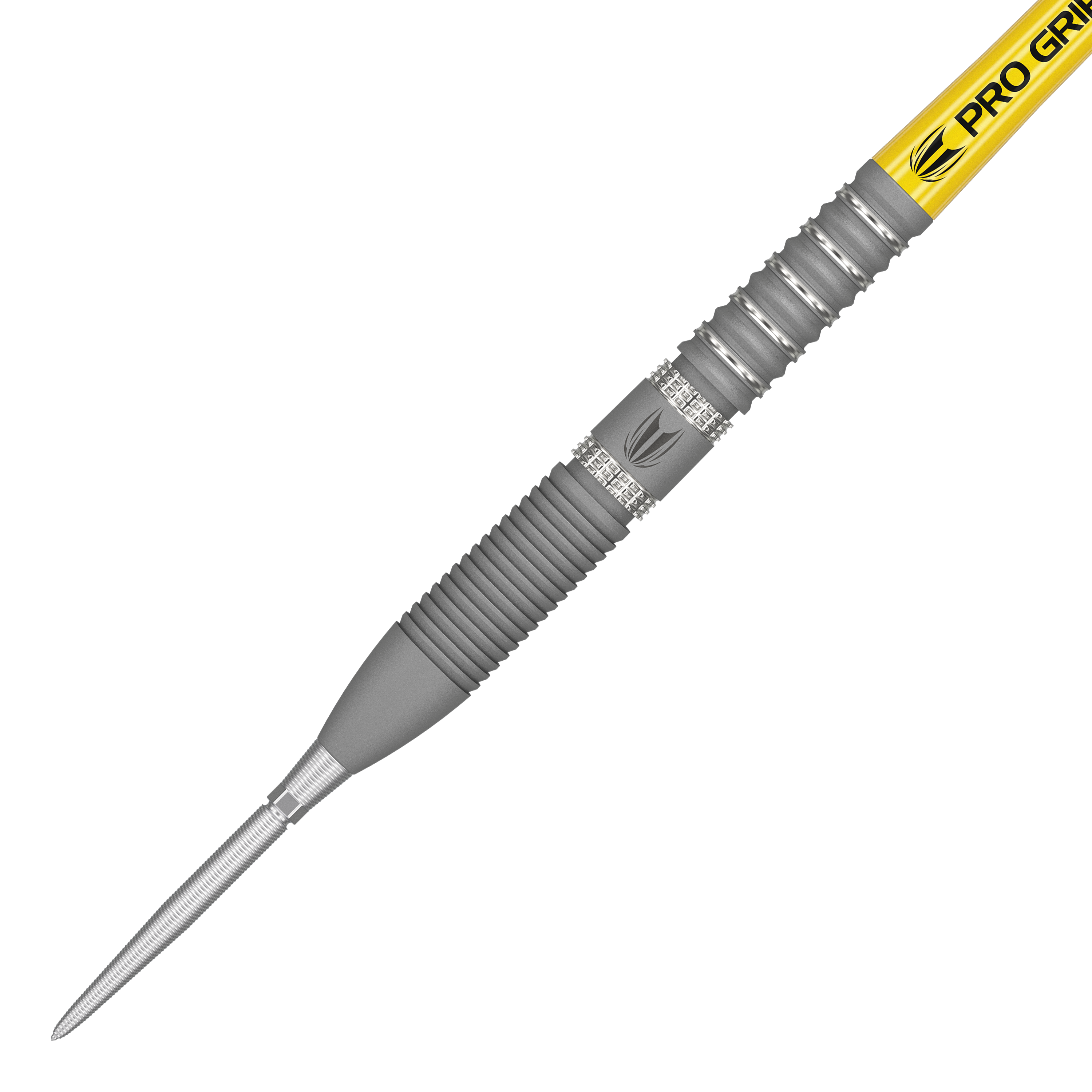 Target Gabriel Clemens GEN2 Swiss Point steel darts Das Bild zeigt den Target Gabriel Clemens GEN2 Swiss Point Steeldart. Der Dartpfeil hat eine silberne Spitze, einen geriffelten Griffbereich und einen gelben Schaft mit der Aufschrift „PRO GRIP“.