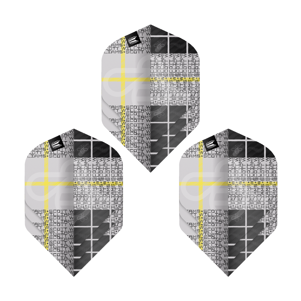 Das Bild zeigt drei Sätze der Target Pro Ultra Scott Williams GEN2 No2 Standard Flights. Die Flights haben ein modernes Design mit schwarz-grauen Mustern und gelben Linien.