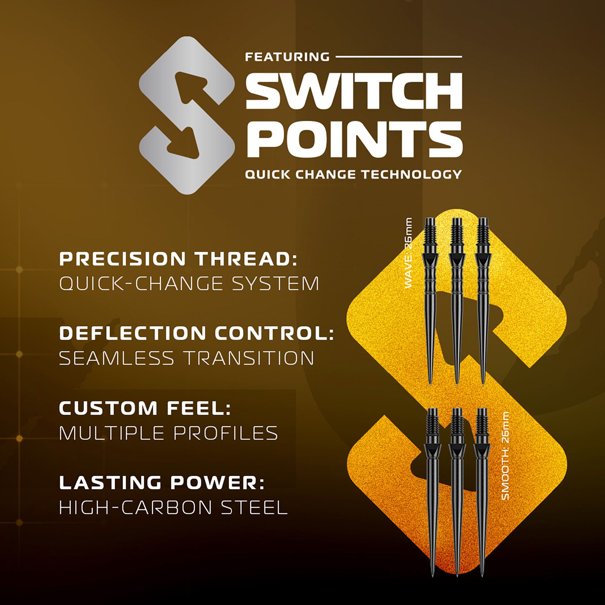 Winmau Exion Parallel Switch Point Steeldarts sind abgebildet. Die Steeldarts bieten eine exzellente Griffigkeit und Präzision.