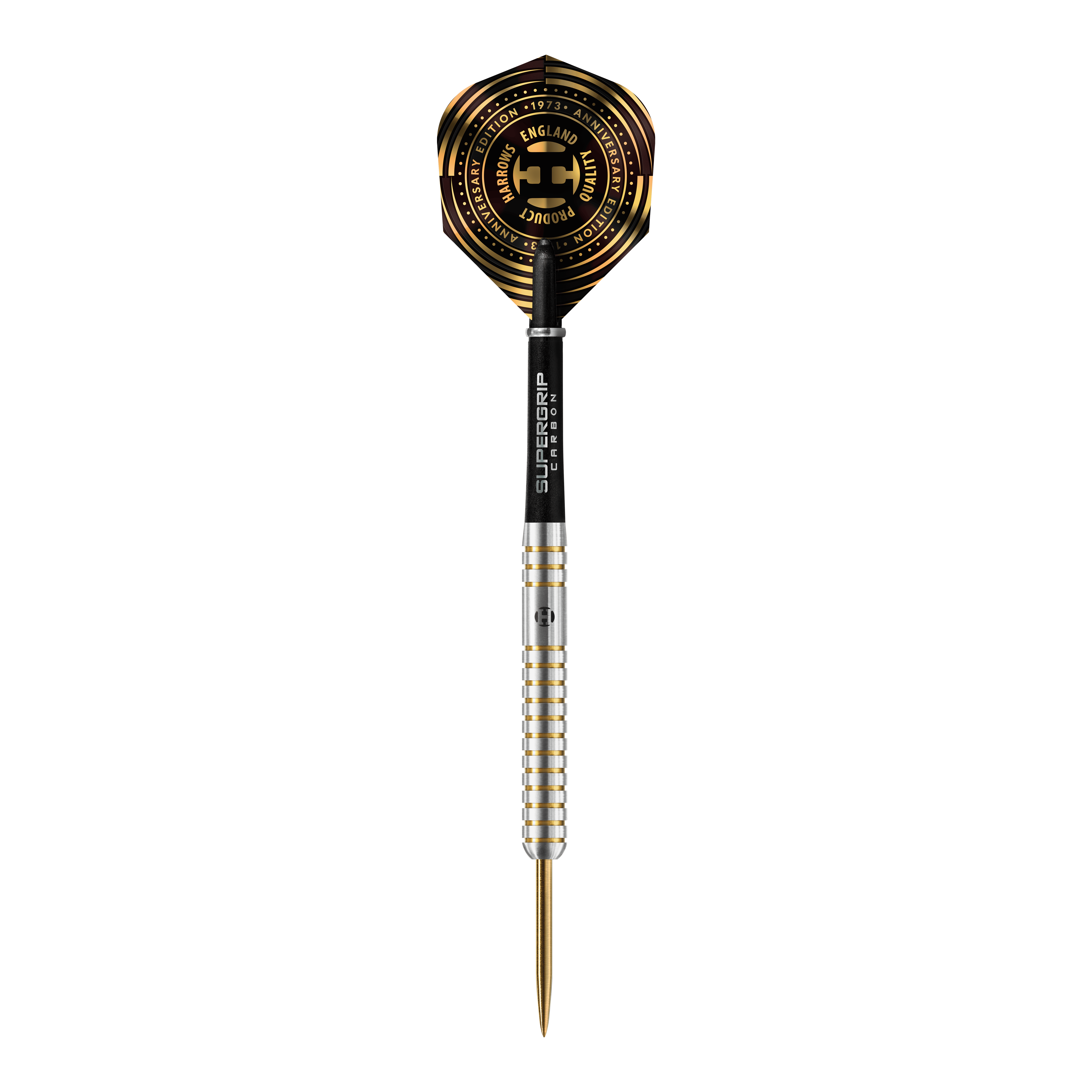 Harrows Anniversary Edition The Original Steeldarts Das Bild zeigt einen Harrows Anniversary Edition The Original Steeldart mit silbernem Schaft und goldenen Akzenten. Das Dartflight ist schwarz-gold gestaltet und trägt einen Jubiläumsaufdruck.