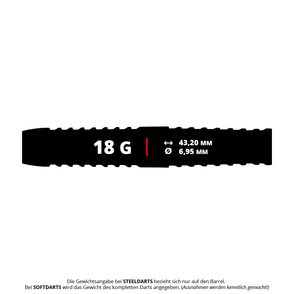 Red Dragon Peter Wright Corra Soft Darts - 18g Das Bild zeigt die wichtigsten Maße der Red Dragon Peter Wright Corra Softdarts mit einem Gewicht von 18 Gramm. Die Darts sind 43,20 mm lang und haben einen Durchmesser von 6,95 mm.