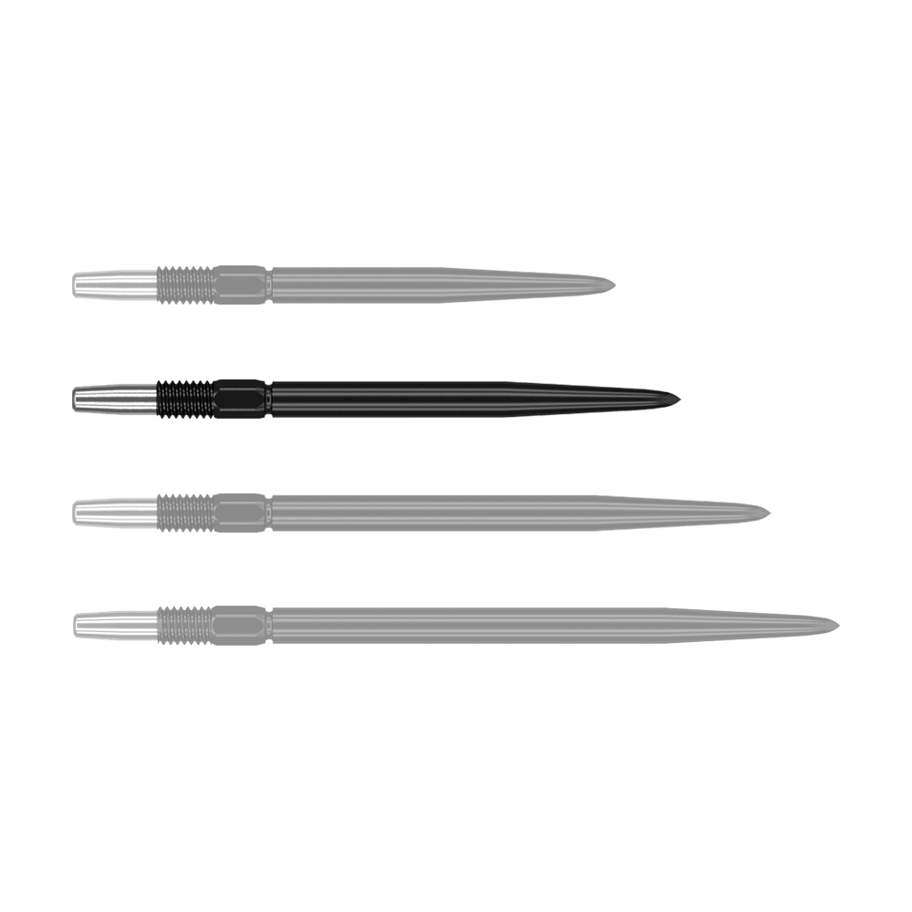 Target Swiss Point Black dart tips Das Bild zeigt vier schwarze Dartspitzen, die nebeneinander liegen. Sie haben einen silbernen metallischen Ansatz und sind unterschiedlich lang.
