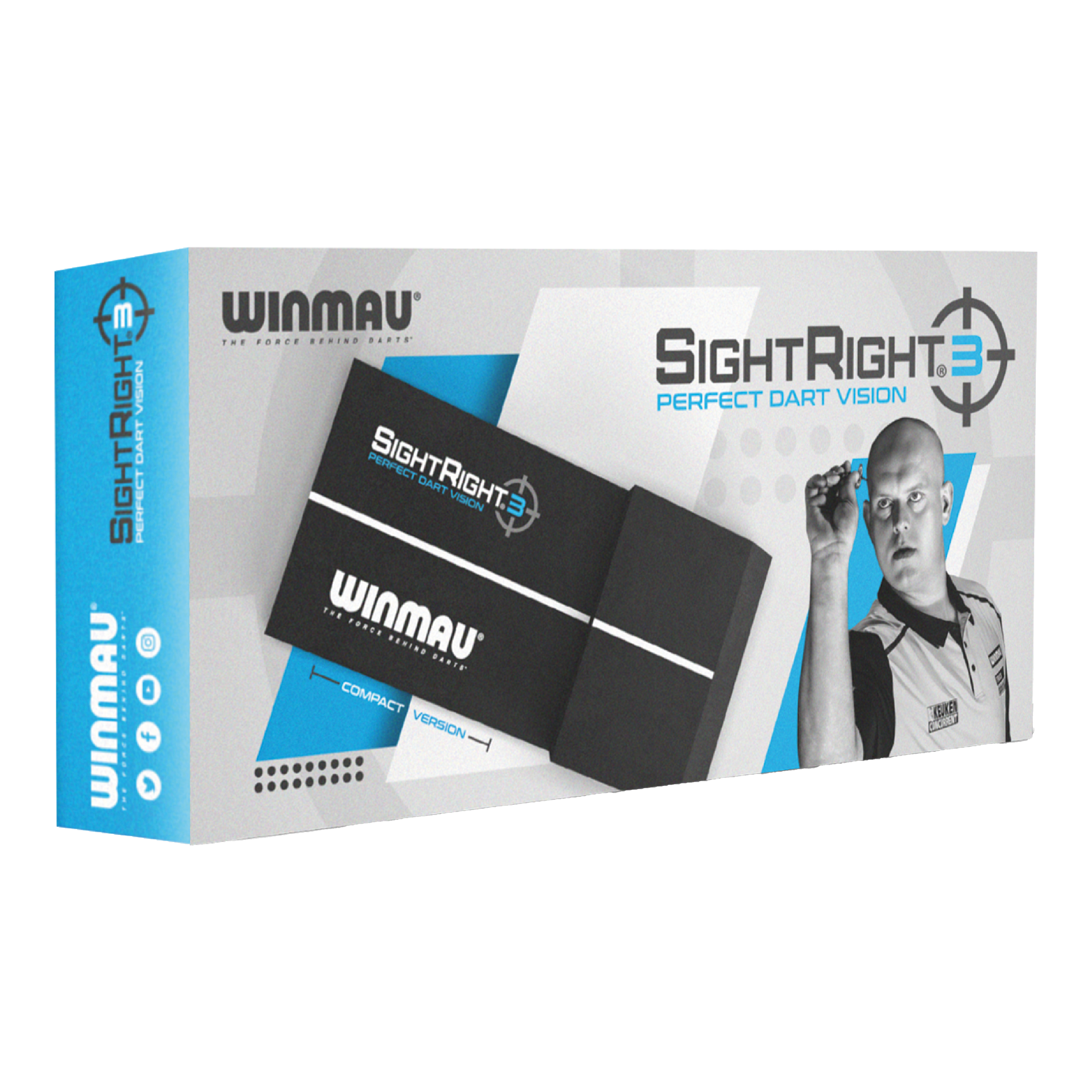 Winmau SightRight 3 - Compact Die Abbildung zeigt die Verpackung des Produkts "Winmau SightRight 3 - Compact". Auf der Box ist ein Dartspieler zusammen mit dem Produkt abgebildet, das für perfektes Dart-Zielen entwickelt wurde.