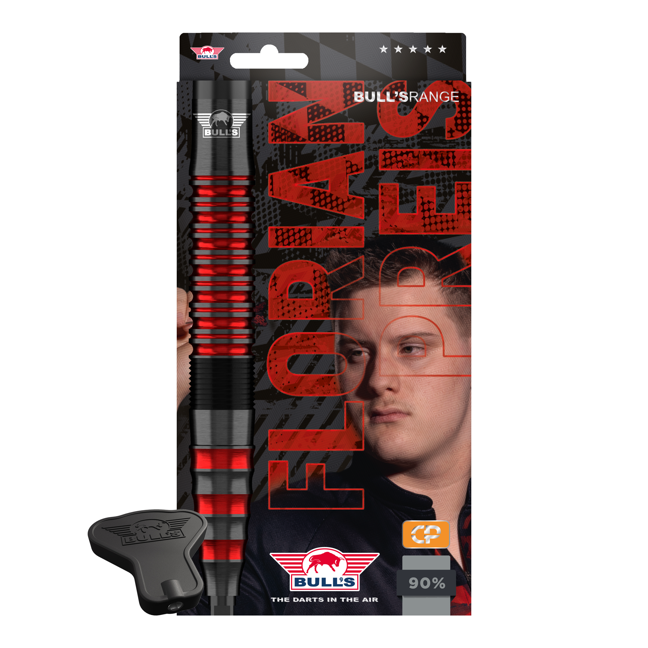 Zu sehen sind Bulls NL Florian Preis 90 Convertible Point Steeldarts. Das Set enthält mehrere Darts.