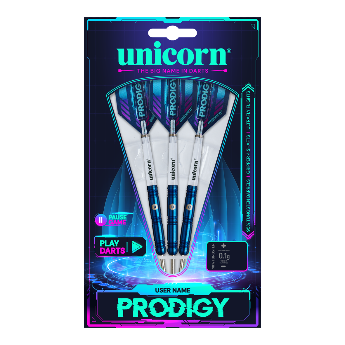 Das Bild zeigt die Verpackung der "Unicorn Prodigy 01 Parallel Steeldarts". Drei blaue Steeldarts sind in einer modernen, futuristisch gestalteten Packung präsentiert.