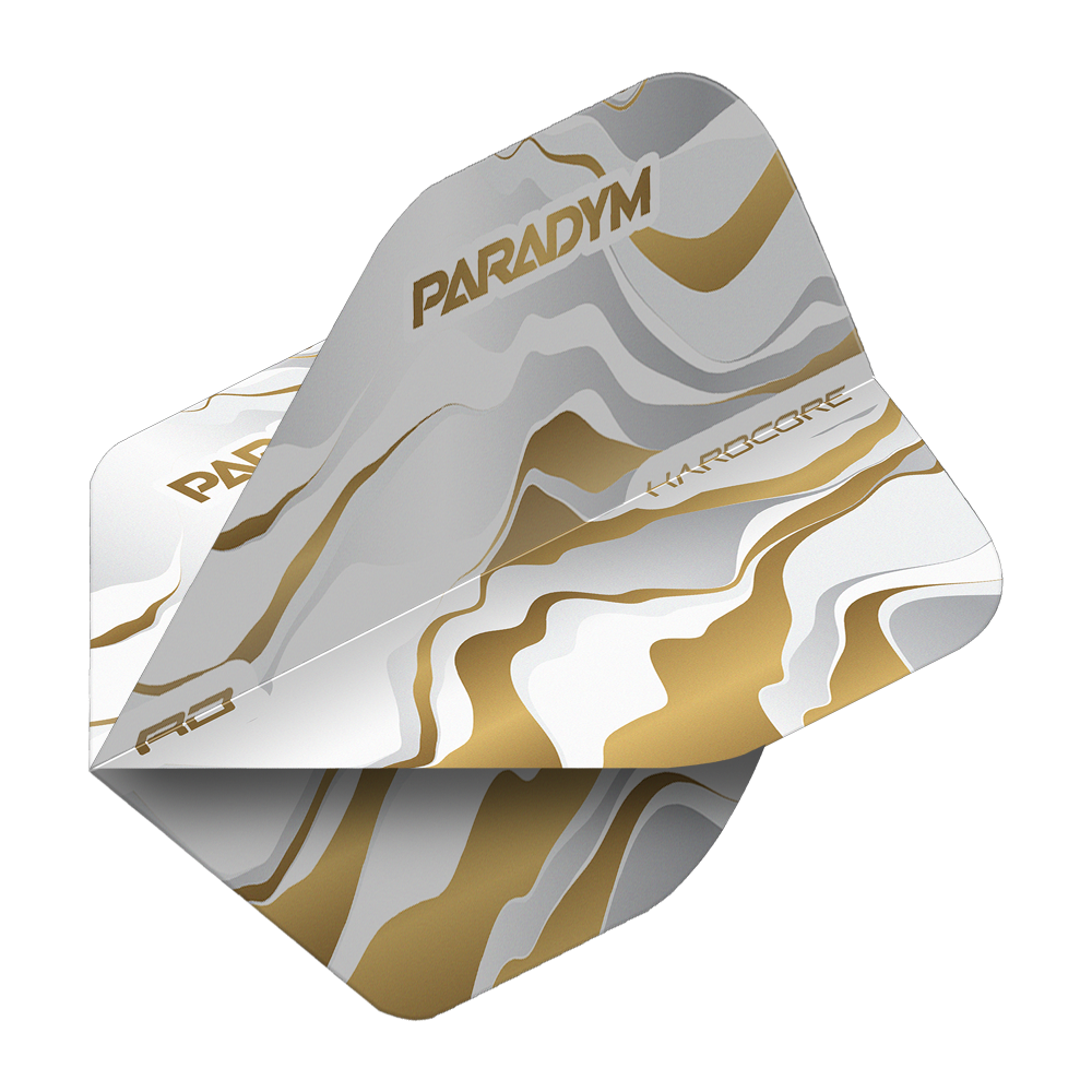 Red Dragon Hardcore Premium Paradym Gold Premium No2 Standard Flights Abgebildet ist ein Flight-Set für Dartpfeile des Produkts Red Dragon Hardcore Premium Paradym Gold Premium No2 Standard Flights. Es handelt sich um hochwertige, goldfarbene Standard-Flights für den Dartsport.