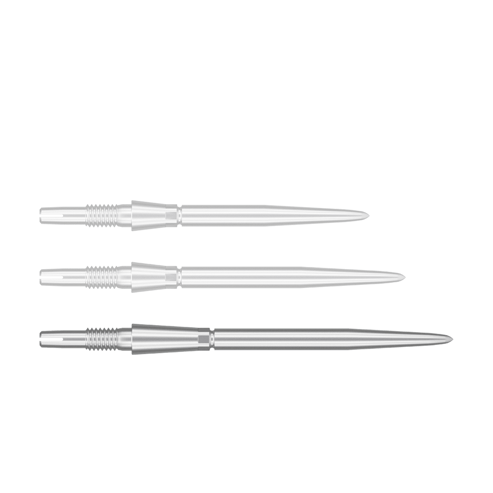 Target Swiss Storm Point dart tips - silver Das Bild zeigt drei silberne Dartspitzen in einer Reihe. Sie sind schlank, spitz zulaufend und identisch gestaltet.
