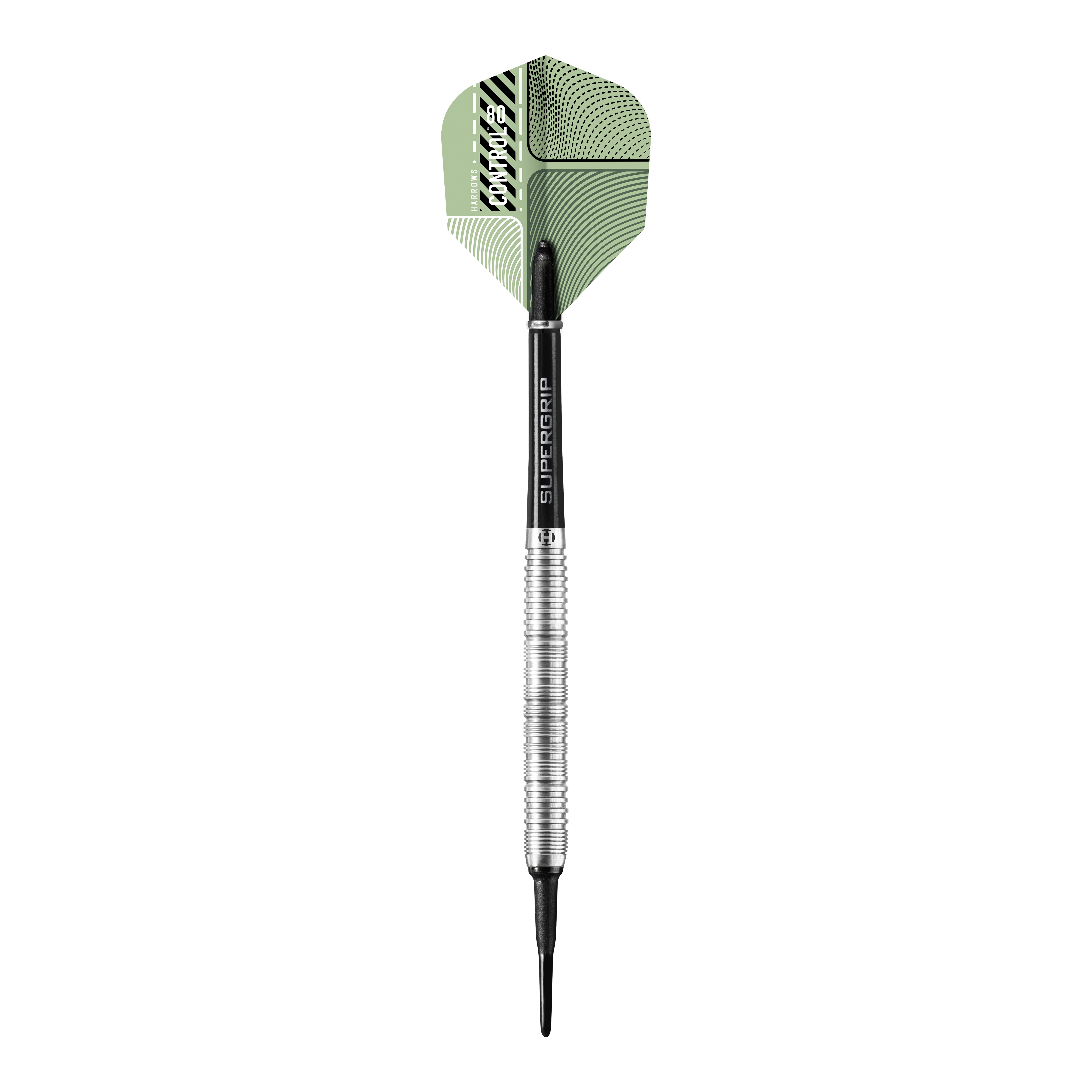 Harrows Control Parallel Softdarts Das Bild zeigt einen Harrows Control Parallel Softdart mit einem silbernen und schwarzen Schaft. Die Dartflügel sind grün gemustert und tragen das Markenlogo.