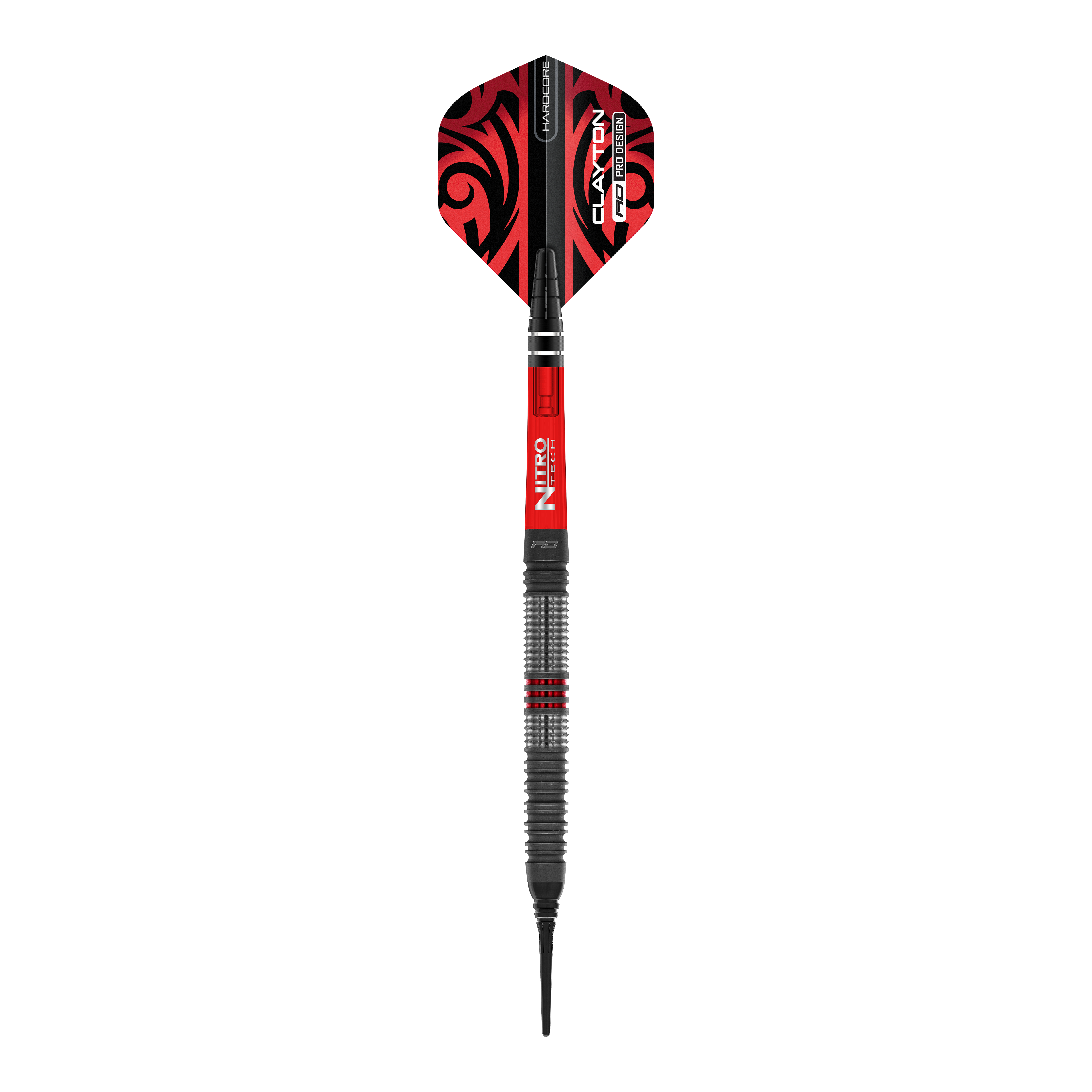 Red Dragon Jonny Clayton Hiraeth Soft Darts - 20g Das Bild zeigt einen Softdart der Marke Red Dragon, Modell "Jonny Clayton Hiraeth" mit einem Gewicht von 20 Gramm. Der Dart ist überwiegend in den Farben Rot und Schwarz gestaltet und hat ein auffälliges Muster auf dem Flight.