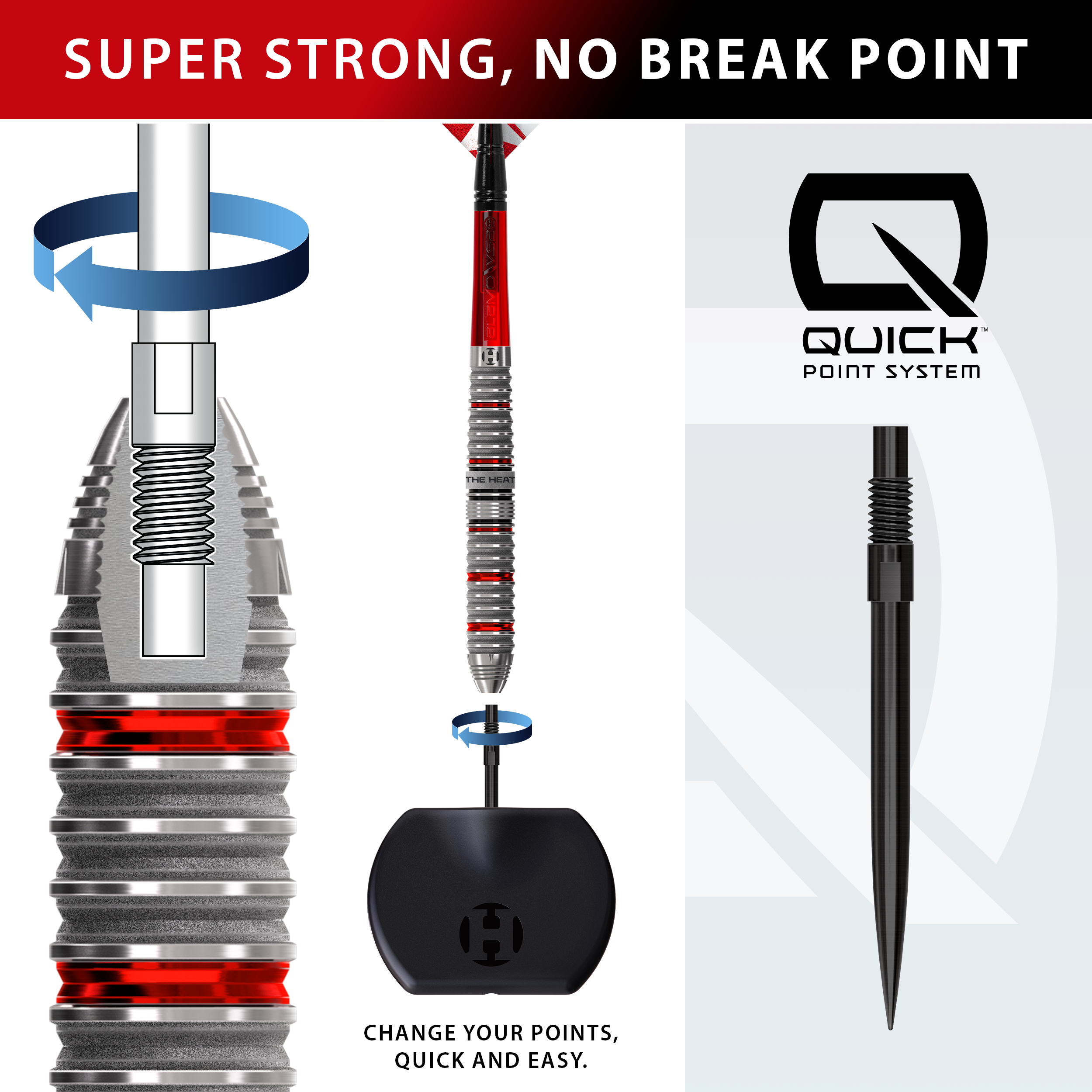 Das Bild zeigt die Harrows Damon Heta Series 4 Quick Point Steeldarts. Die Steeldarts liegen nebeneinander und sind deutlich erkennbar.