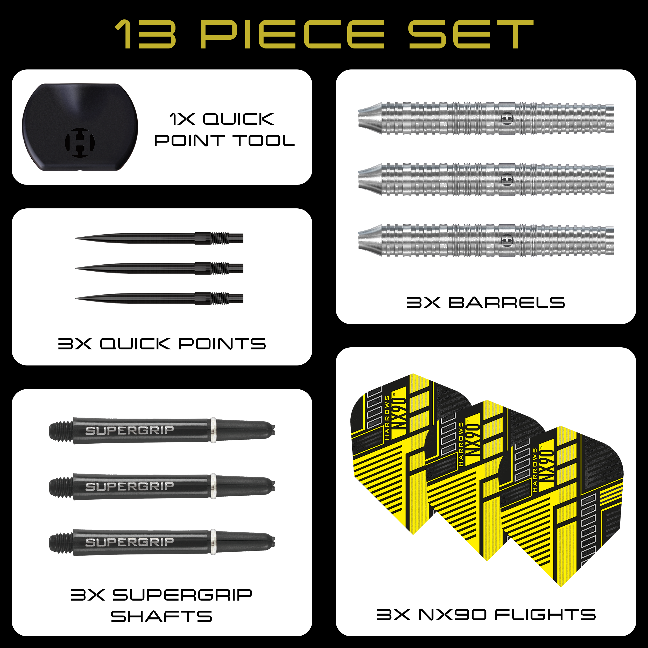 Das Bild zeigt die Harrows NX90 Parallel Quick Point Steeldarts. Dies sind hochwertige Steeldarts mit modernem Design.