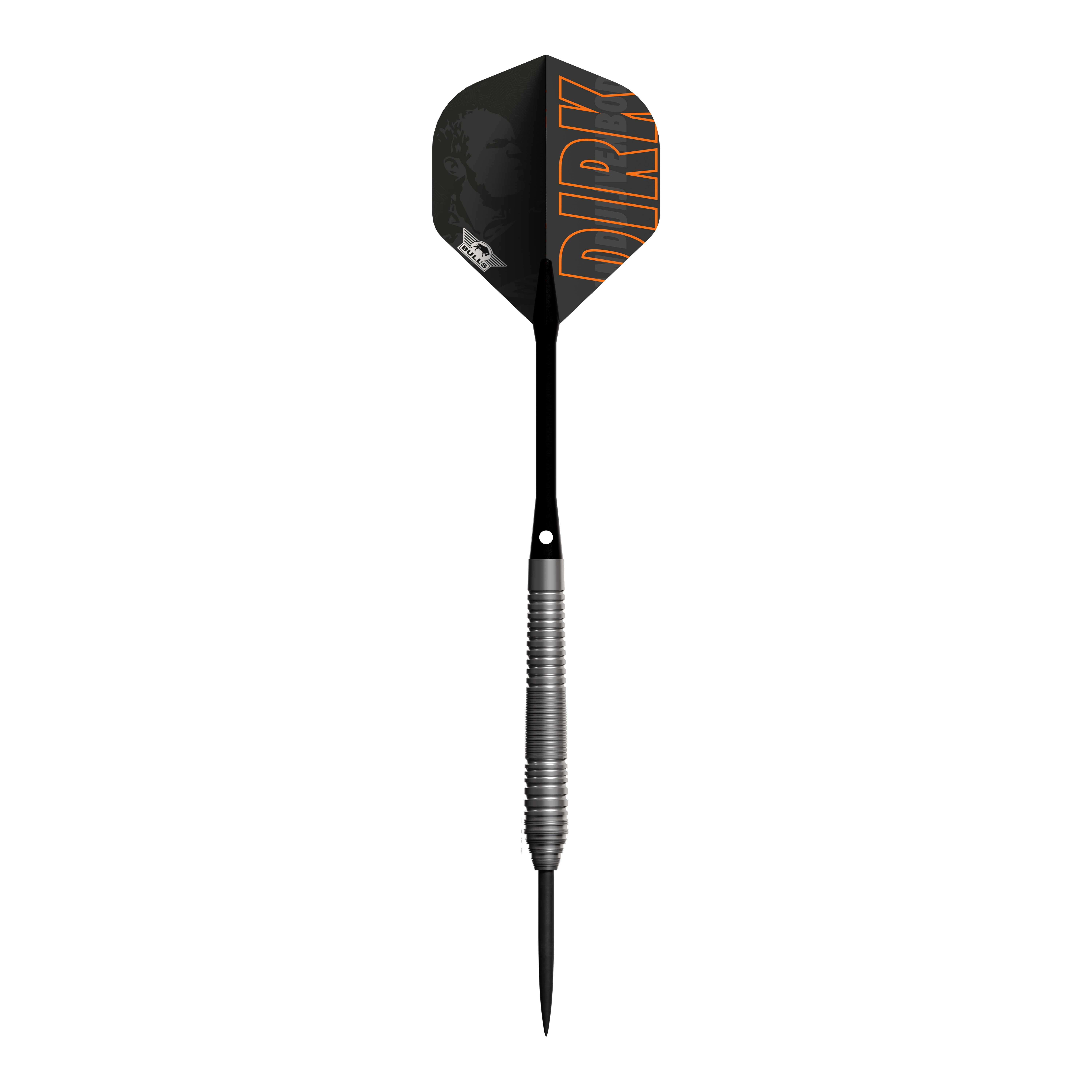 Bulls NL Dirk Van Duijvenbode 80 steel darts Dies ist ein Steeldart der Marke Bulls NL, Modell Dirk Van Duijvenbode 80. Der Dart hat einen schwarzen Flight mit dem Namen "DIRK" in orangefarbener Schrift.