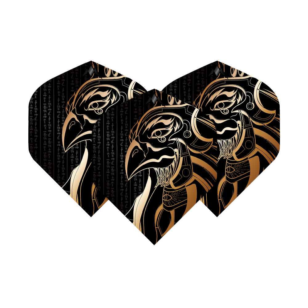 Mission Solo Horus No2 Standard Flights Das Bild zeigt drei Dartflights mit einem gold-schwarzen Horus-Motiv. Die Flights tragen den Namen "Mission Solo Horus No2 Standard Flights".