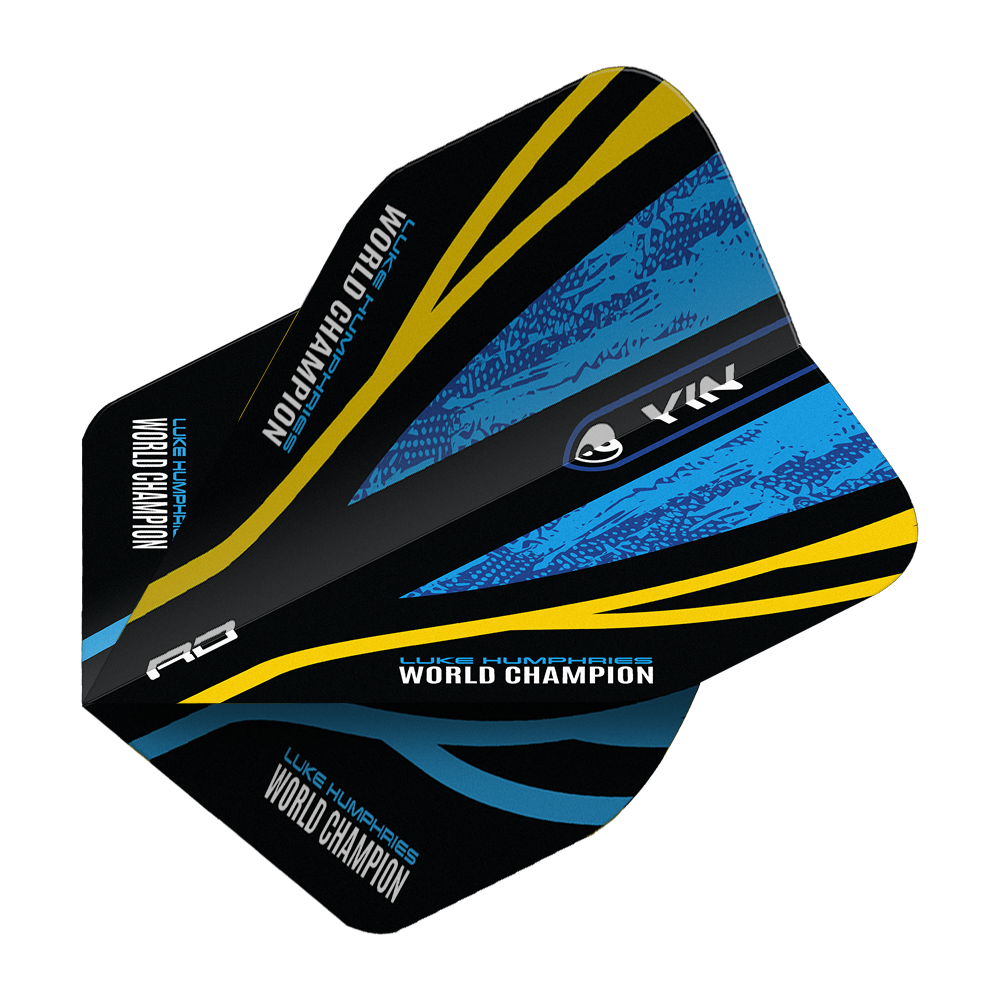 Red Dragon Luke Humphries World Champion Blue Gold Yin Yang Standard Flights Das Bild zeigt das Produkt "Red Dragon Luke Humphries World Champion Blue Gold Yin Yang Standard Flights". Das Design ist schwarz mit blauen und goldenen Akzenten sowie der Aufschrift "WORLD CHAMPION".