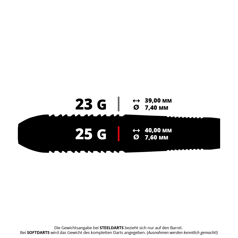 Unicorn Prodigy 02 Torpedo steel darts Das Bild zeigt die technischen Daten von Steeldarts mit 23 g und 25 g Gewicht. Es werden jeweils die Länge und der Durchmesser der Darts angegeben.