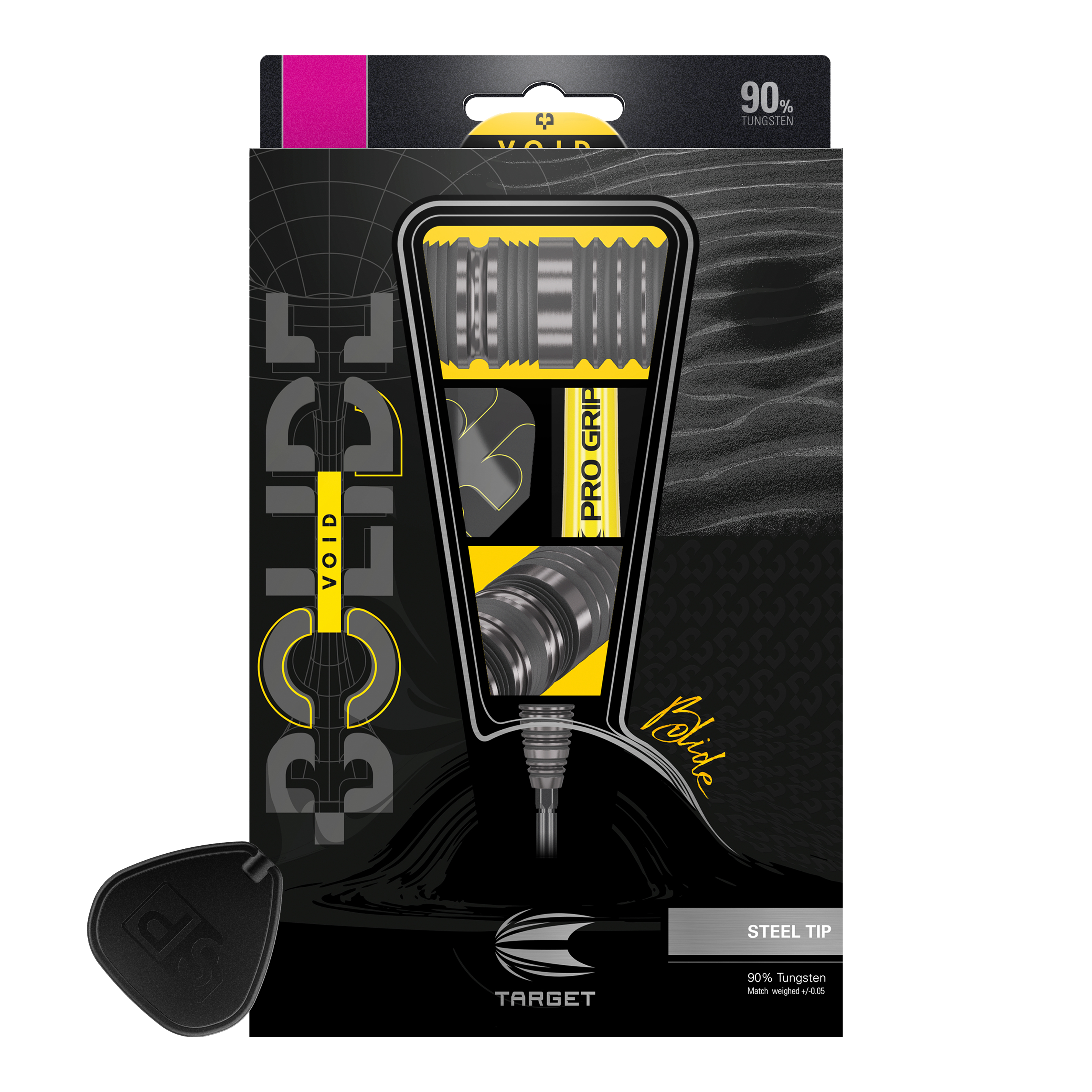 Target Bolide Void 04 Swiss Point steel darts Das Bild zeigt die Verpackung der "Target Bolide Void 04 Swiss Point Steeldarts". Die Darts bestehen zu 90 % aus Tungsten und haben eine Stahlspitze.