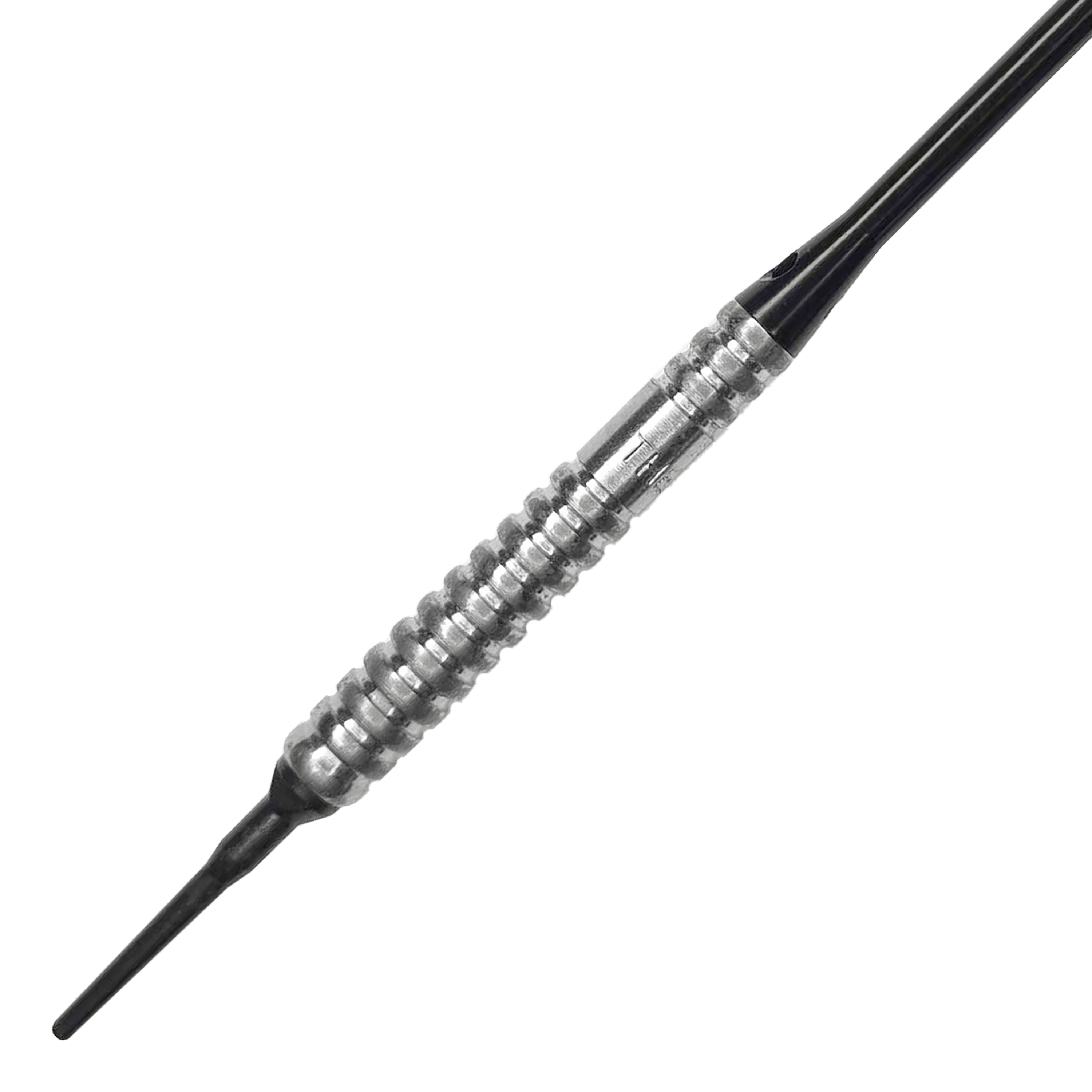 McDart 85 Tungsten V20 Soft Darts - 17g Auf dem Bild ist ein McDart 85er Tungsten V20 Softdart mit einem Gewicht von 17g zu sehen. Der Dartpfeil hat eine silberne, geriffelte Griffzone und eine schwarze Spitze.