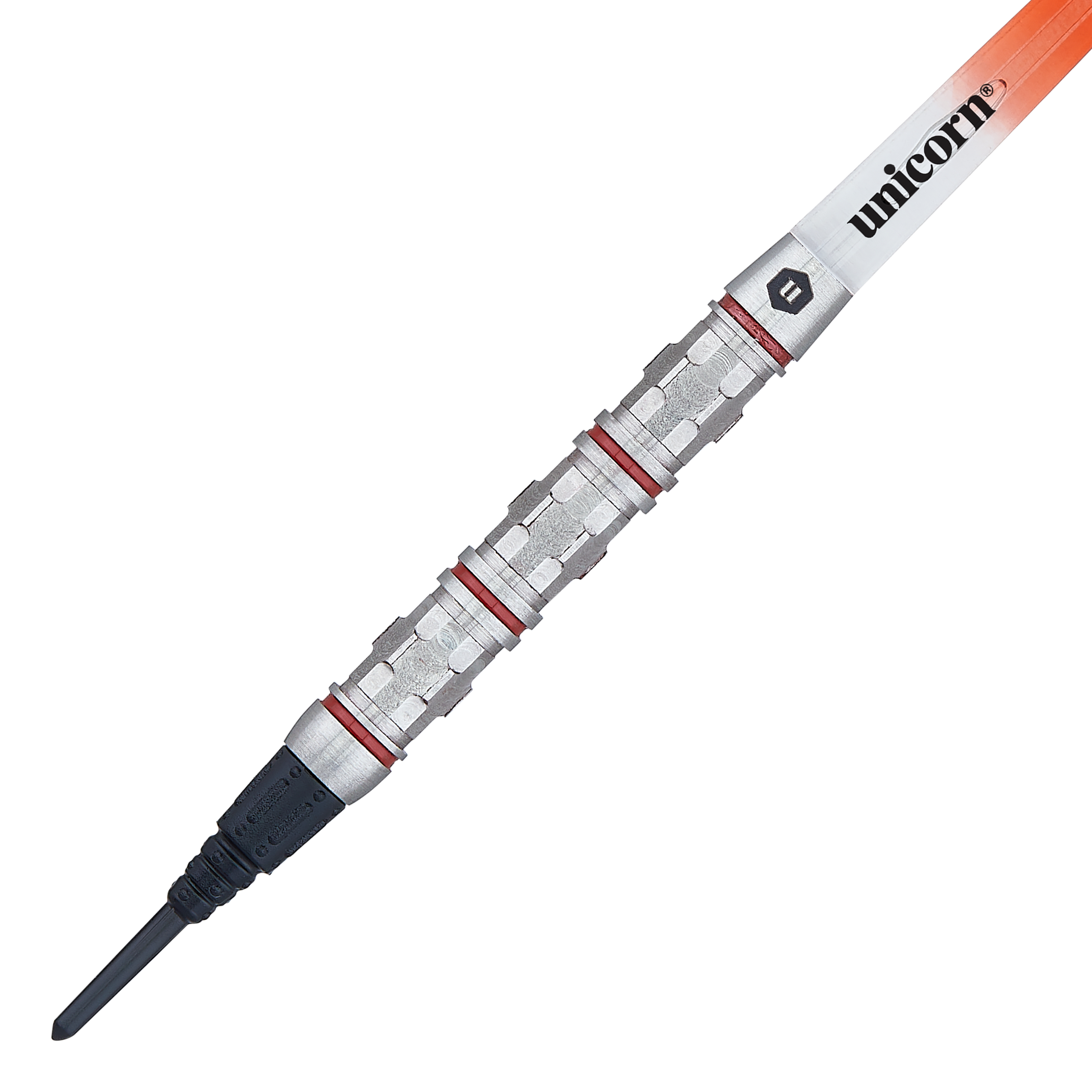 Unicorn Ballista Style 4 soft darts Das Bild zeigt einen Softdart der Marke Unicorn Ballista Style 4. Der Dart hat einen silbernen Barrel mit roten Ringen und einer schwarzen Spitze.