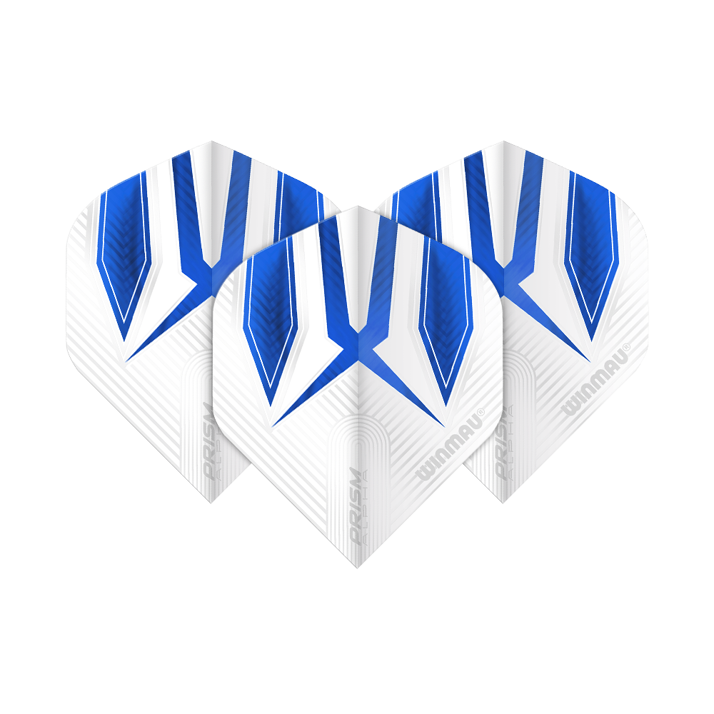 6915-112_Winmau_Prism_Alpha_6915-112_Standard_Flights_1imvzHQm1vls4O Das Bild zeigt drei Winmau Prism Alpha 6915.112 Standard Flights. Die Flights sind größtenteils weiß mit blauen und schwarzen Designelementen.