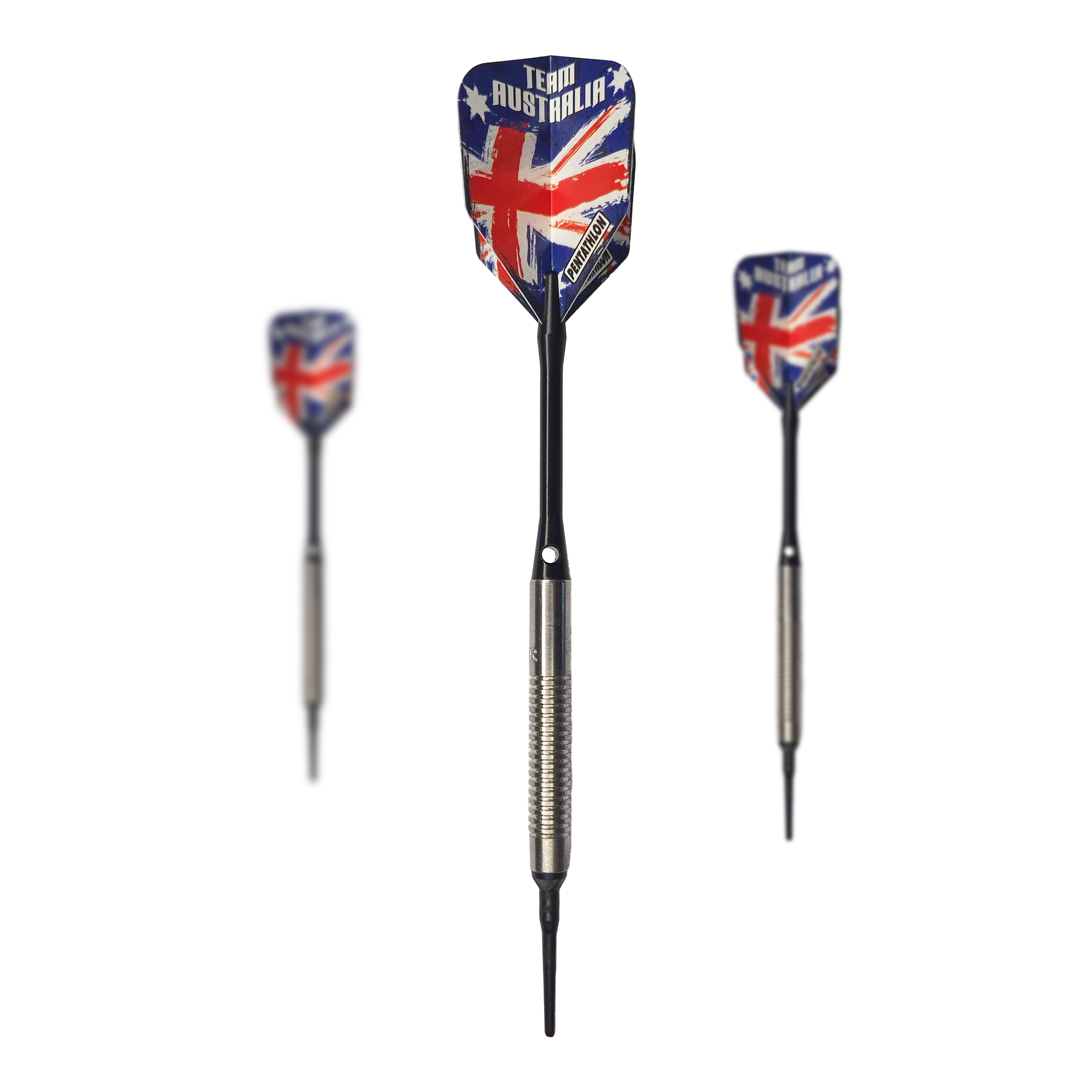 McDart 85 Tungsten V8 Soft Darts - 18.5g Auf dem Bild sind drei Softdarts des Modells "McDart 85er Tungsten V8" mit einem Gewicht von 18,5g zu sehen. Die Flights zeigen das Design der australischen Flagge mit der Aufschrift "Team Australia".