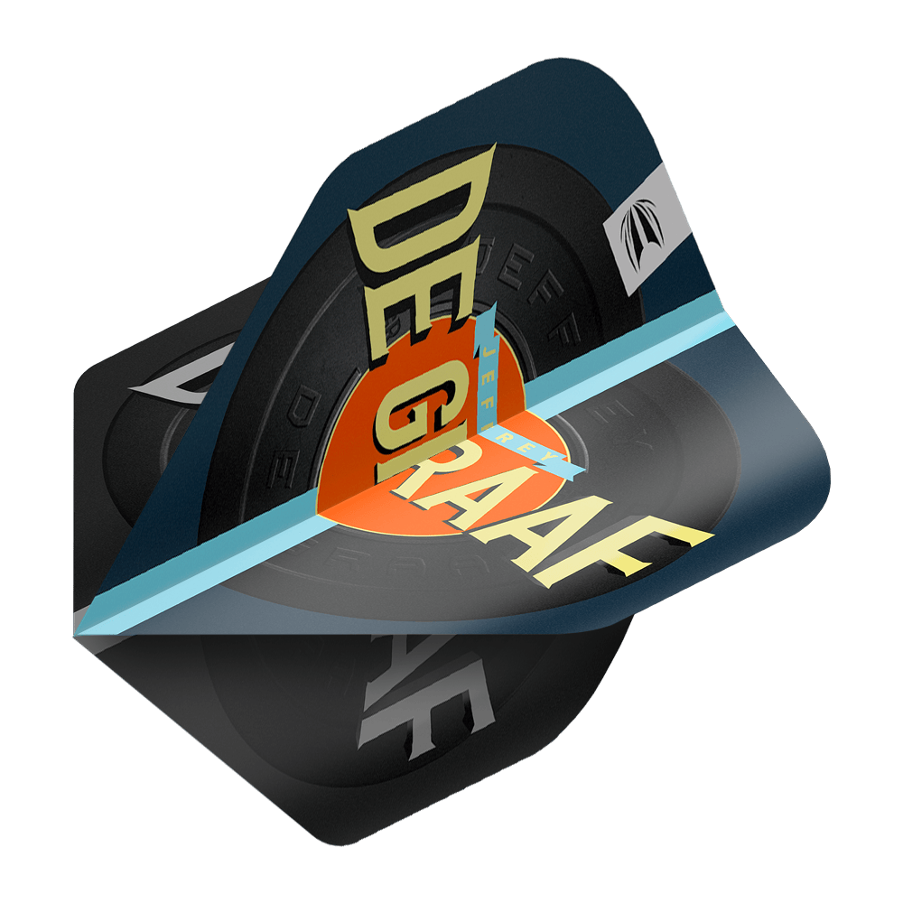 Target Pro Ultra Jeffrey De Graaf GEN1 No2 Standard Flights - 3 sets Das Bild zeigt die Target Pro Ultra Jeffrey De Graaf GEN1 No2 Standard Flights. Die Flights sind farbenfroh gestaltet und mit dem Namen "DE GRAAF" bedruckt.