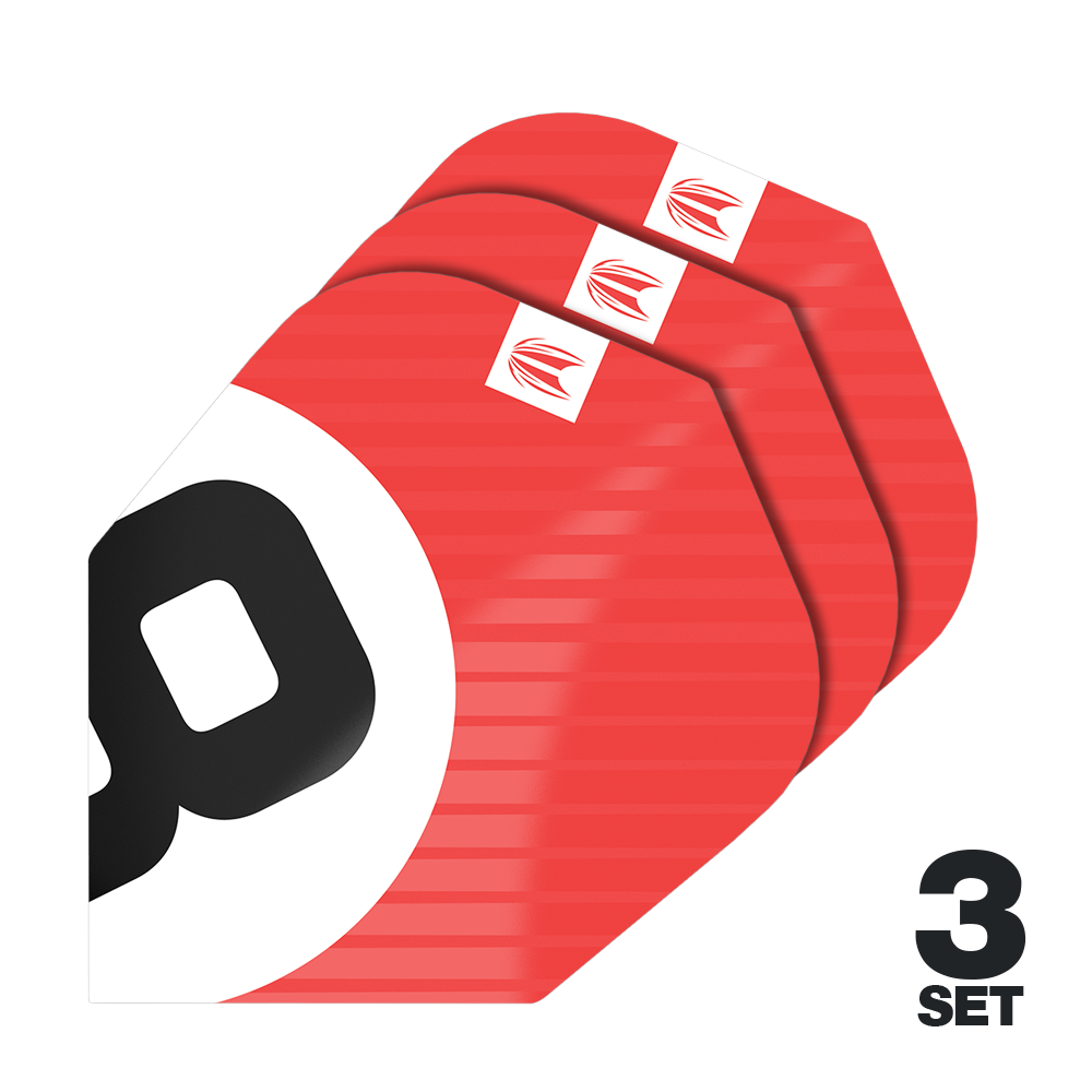 Target Pro Ultra Chicane Red No6 Flights - 3 Sets Das Bild zeigt drei Sätze der Target Pro Ultra Chicane Red No6 Flights. Die Flights sind überwiegend rot mit einem schwarzen und weißen Design sowie einem kleinen Logo in der Ecke.