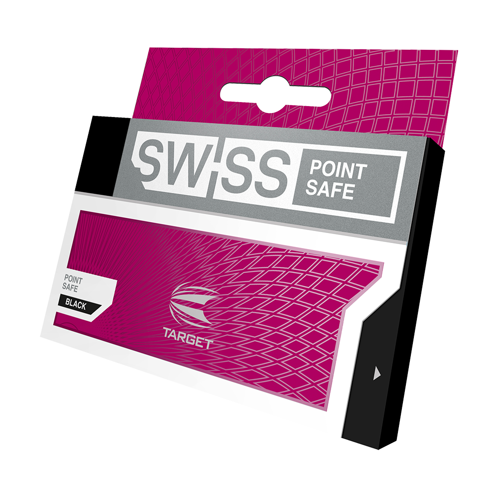 119648_Target_Swiss_Point_Safe_6 Die Abbildung zeigt die Verpackung des Produkts "Target Swiss Point Safe". Die Verpackung ist überwiegend pink mit silbernen und schwarzen Akzenten gestaltet.