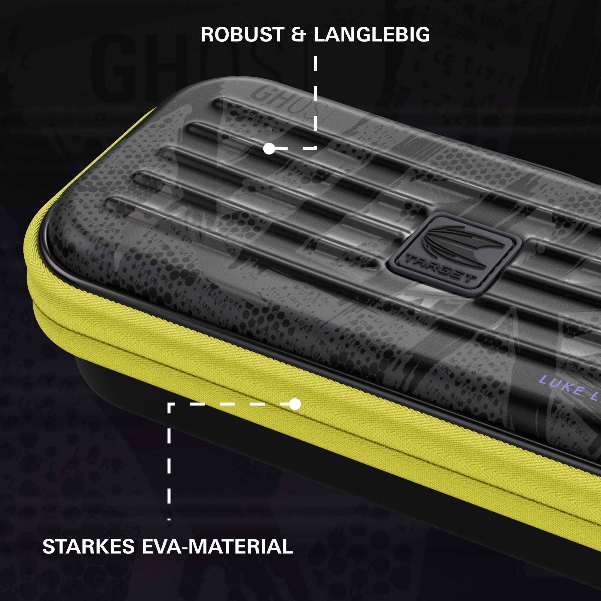 Gezeigt wird das Takoma Ghost Series Luke Littler Dartcase. Die Tasche bietet Sicherheit und Komfort für alle Dart-Liebhaber.