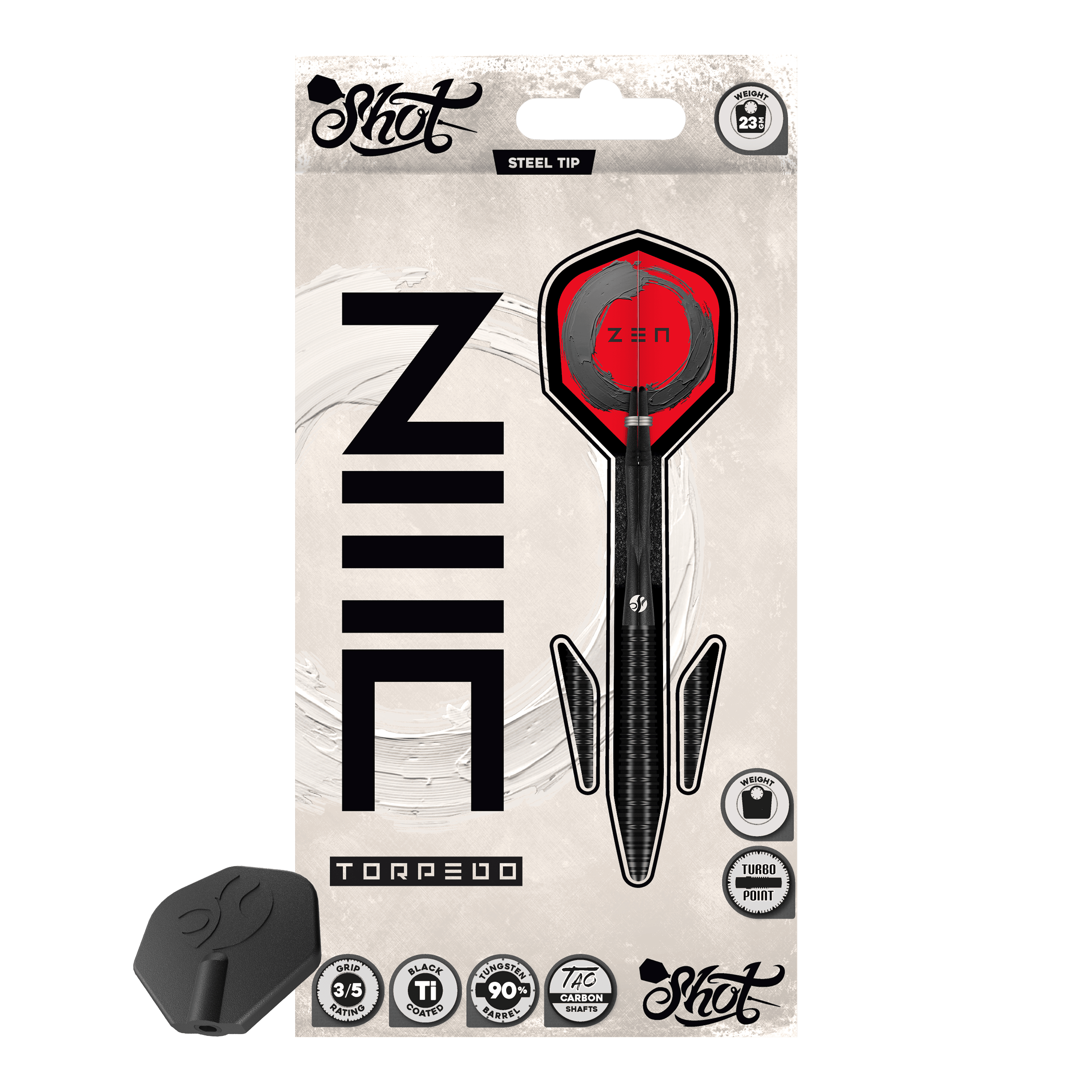 Shot ZEN Torpedo Turbo Point Steel Darts - 23g Die Shot ZEN Torpedo Turbo Point Steeldarts mit 23g werden aus einer anderen Perspektive gezeigt. Die Oberfläche und die Details der Darts sind gut zu erkennen.