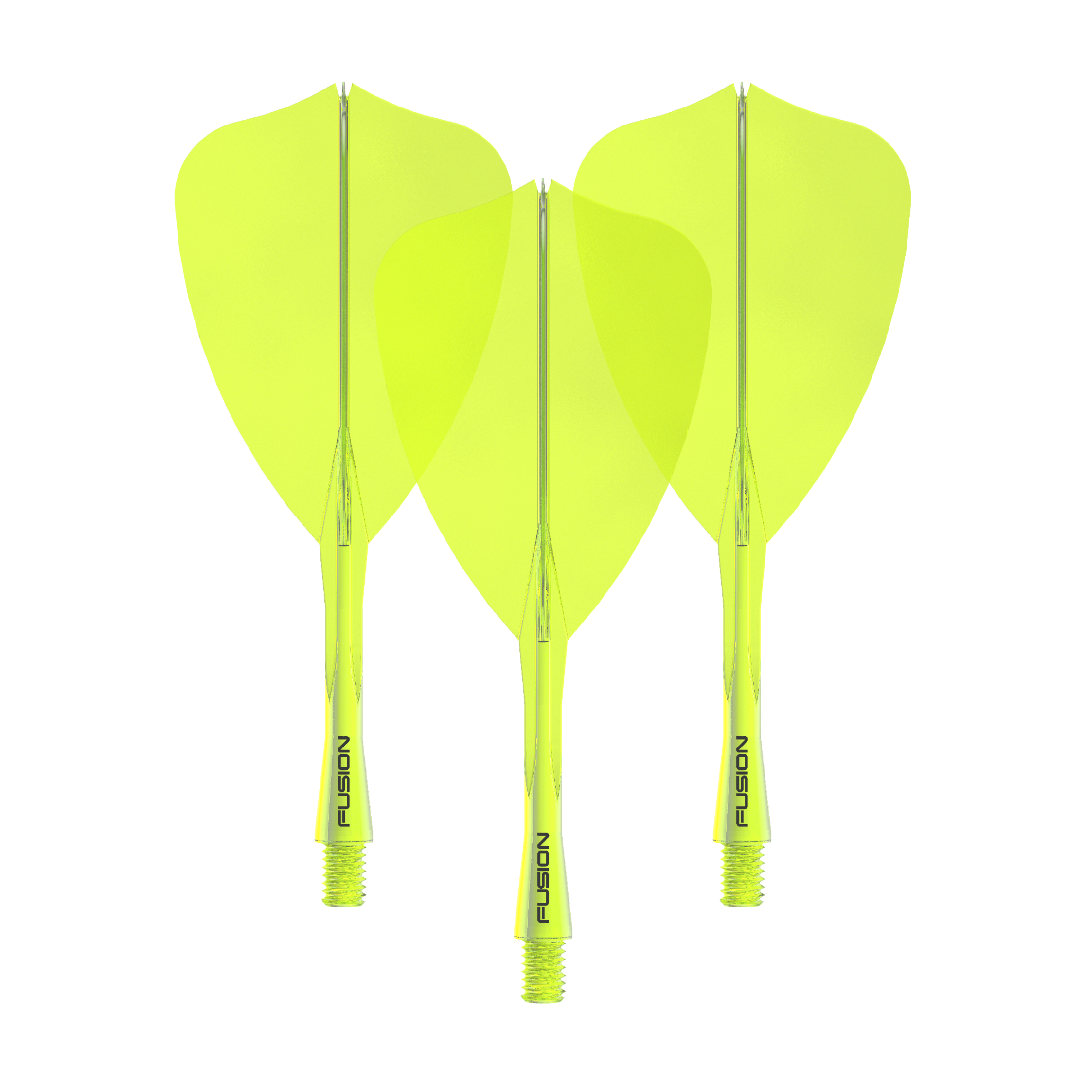 Winmau Fusion Flight Shaft System Arrow Neon Yellow Dieses Bild zeigt das Winmau Fusion Flight Shaft System Arrow Set in Neongelb mit einer Länge von 28 mm. Zu sehen ist vermutlich ein komplettes Dartset.