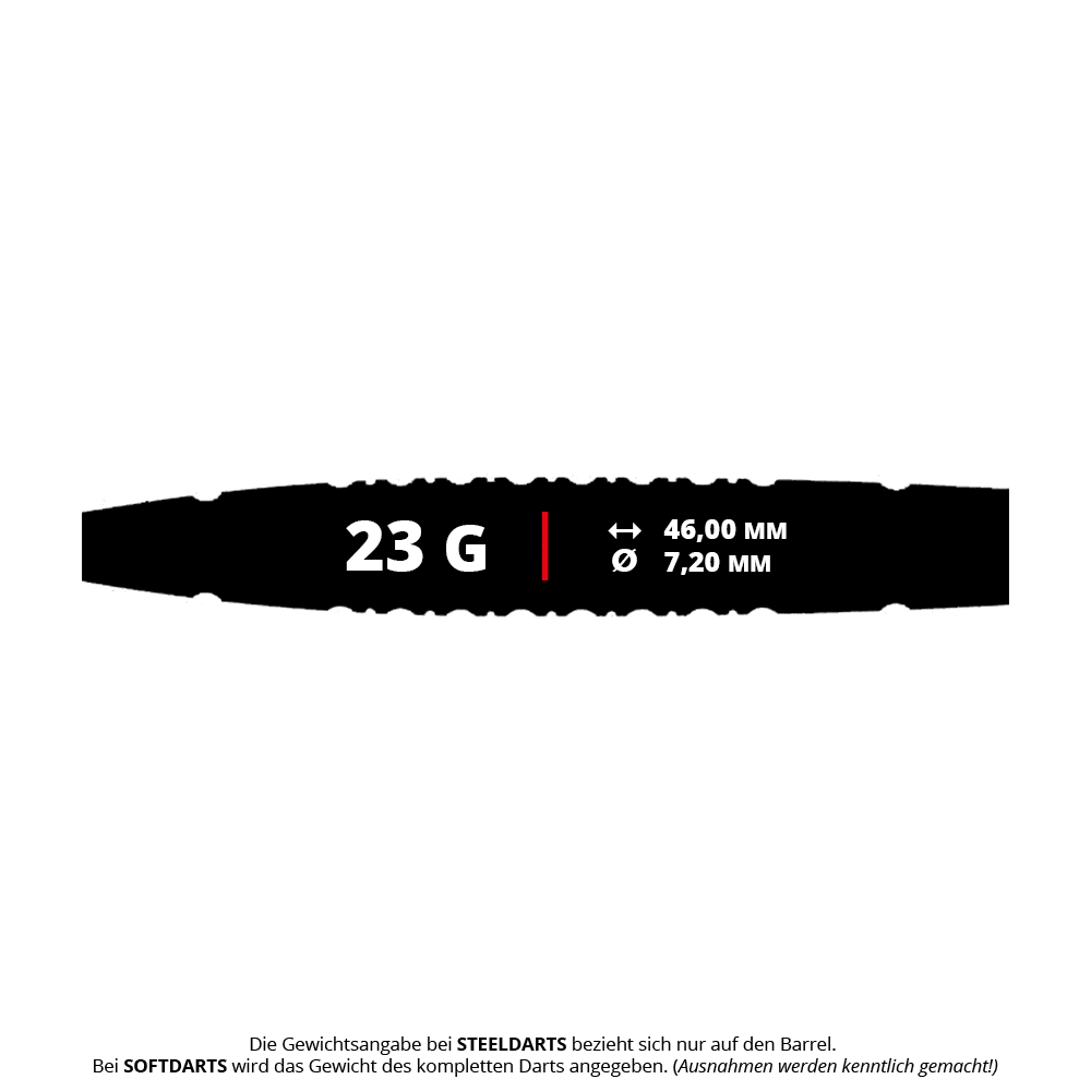 Das Bild zeigt die Produkteigenschaften der Caliburn Sword S3 Steeldarts mit einem Gewicht von 23 Gramm. Die Länge beträgt 46,00 mm und der Durchmesser 7,20 mm.