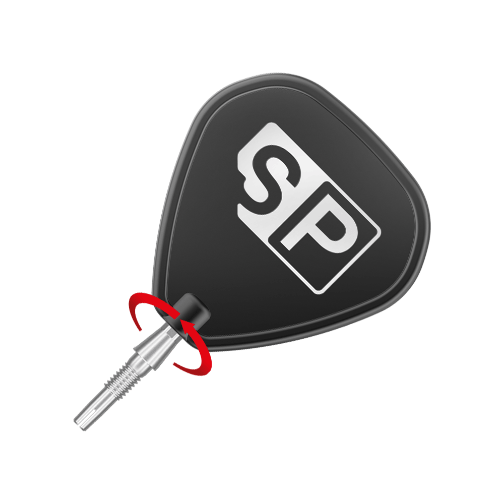 Das Bild zeigt eine silberne Dartspitze des Produkts "Target Swiss Storm Onyx Point". Die Dartspitze ist an einem schwarzen Dartflügel mit der Aufschrift "SP" befestigt.