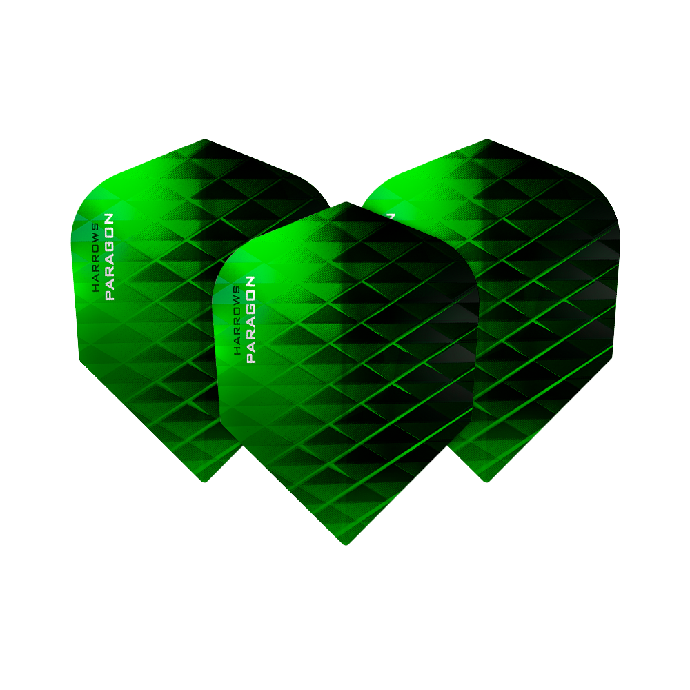 HR7600_Harrows_Paragon_Green_No2_Standard_Flights_2 Auf dem Bild sind drei grüne Dart-Flights mit dem Namen „Harrows Paragon“ zu sehen. Die Flights haben ein modernes, geometrisches Muster und die Standardform No2.