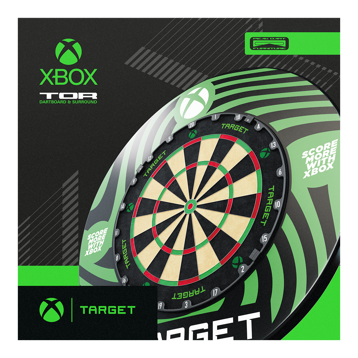 Target Xbox Dartboard Surround Bundle Abgebildet ist das Target Xbox Dartboard Surround Bundle. Es handelt sich um ein Set für Xbox-Dartboards.