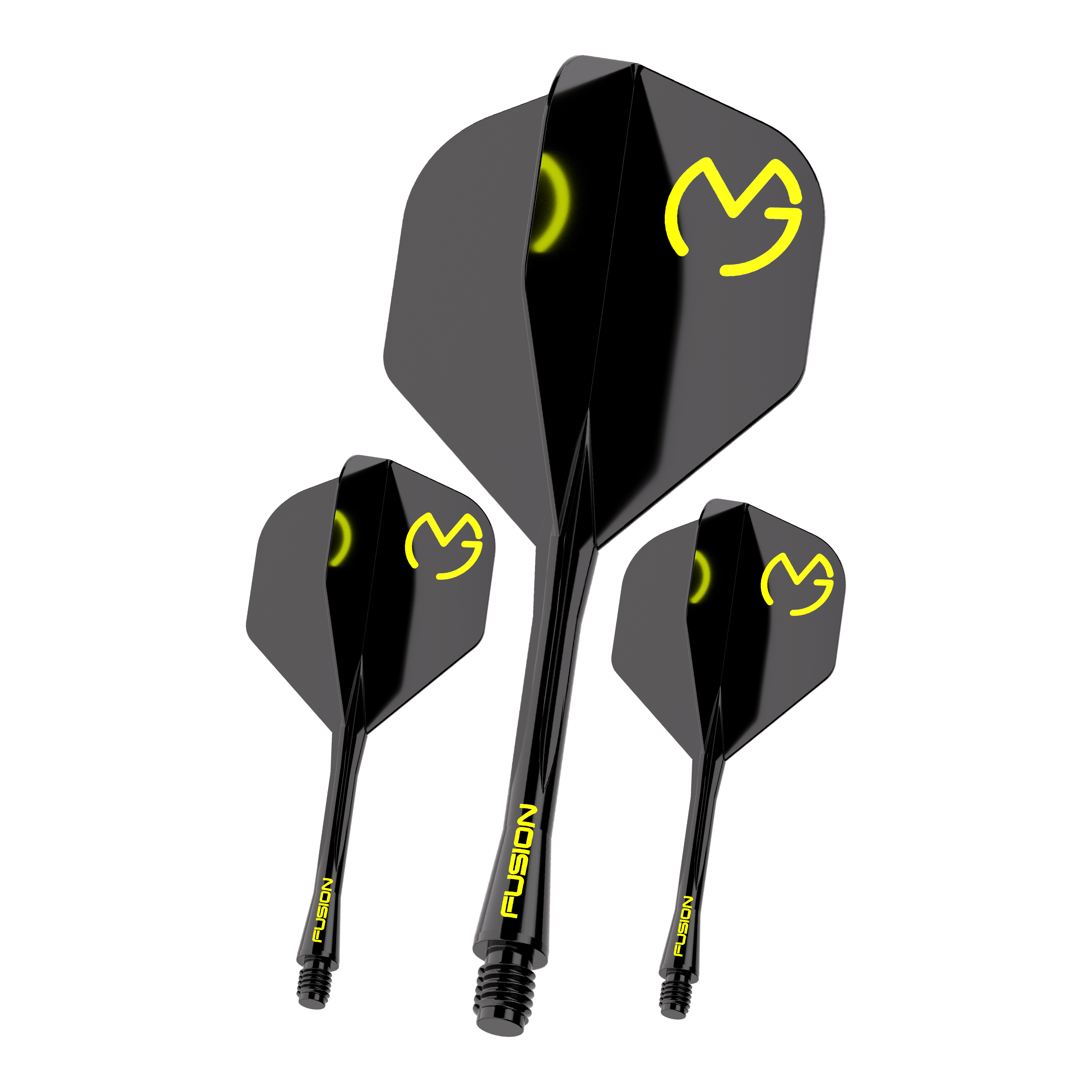 Winmau Fusion Flight Shaft System Michael Van Gerwen Pacman No6 Das Bild zeigt drei schwarze Dartflights mit gelbem "MVG"-Logo und der Aufschrift "FUSION" auf den Schäften. Es handelt sich um das Produkt "Winmau Fusion Flight-Shaft-System Michael Van Gerwen Pacman No2 Standard".