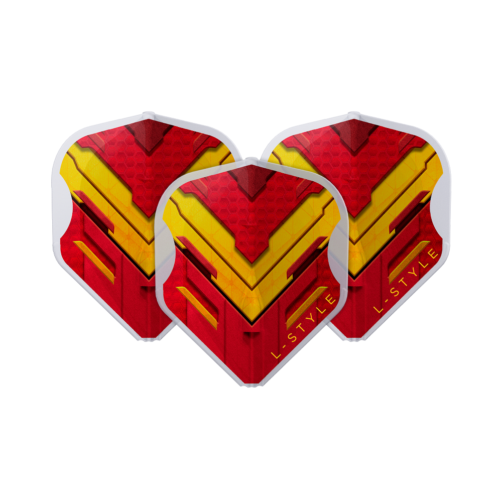 L-Style V-Series V1 Type A Spain Clear White L1EZ Flights Das Bild zeigt drei Dart-Flights der Marke L-Style in den Farben Rot, Gelb und Weiß. Auf den Flights ist ein auffälliges, geometrisches Muster mit dem Schriftzug "L-STYLE" zu sehen.